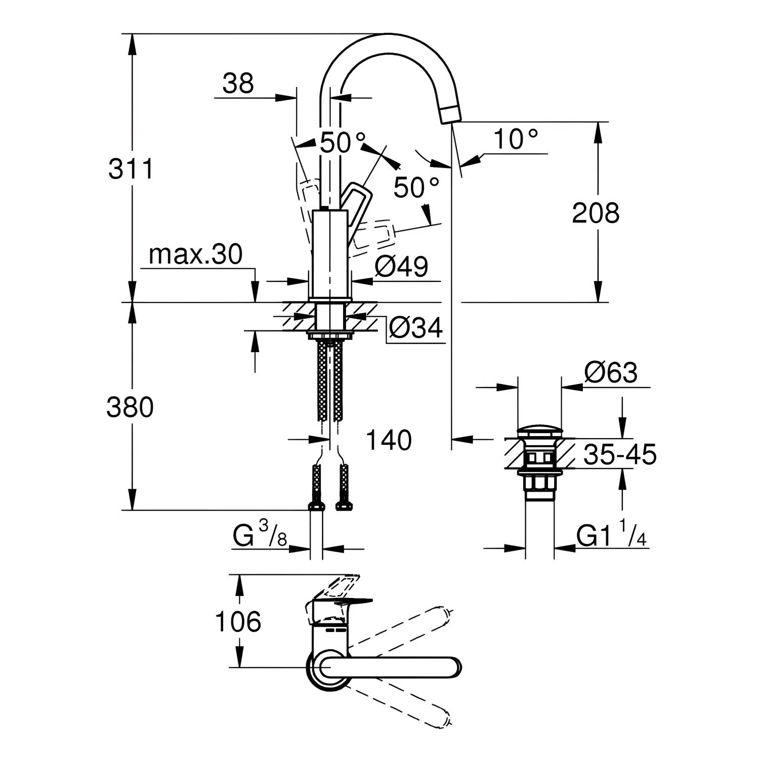 Rysunek techniczny baterii umywalkowej z wymiarami, Grohe