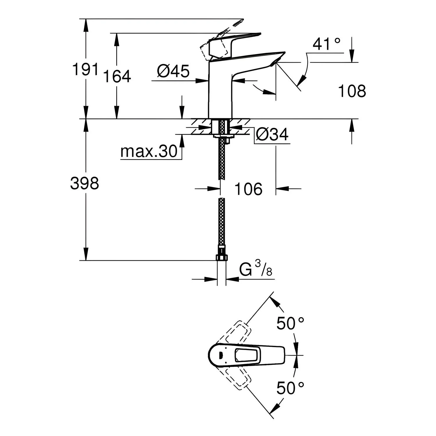 Rysunek techniczny baterii umywalkowej z wymiarami, Grohe