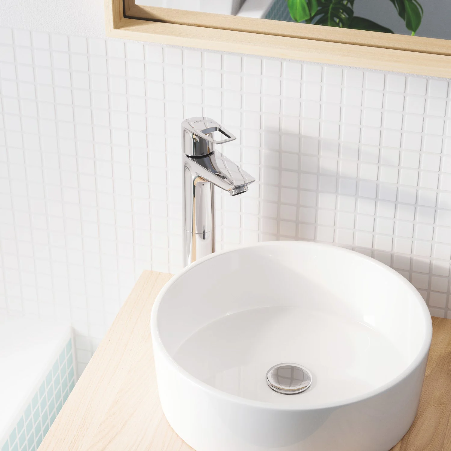 Bateria umywalkowa z okrągłą umywalką w łazience, Grohe