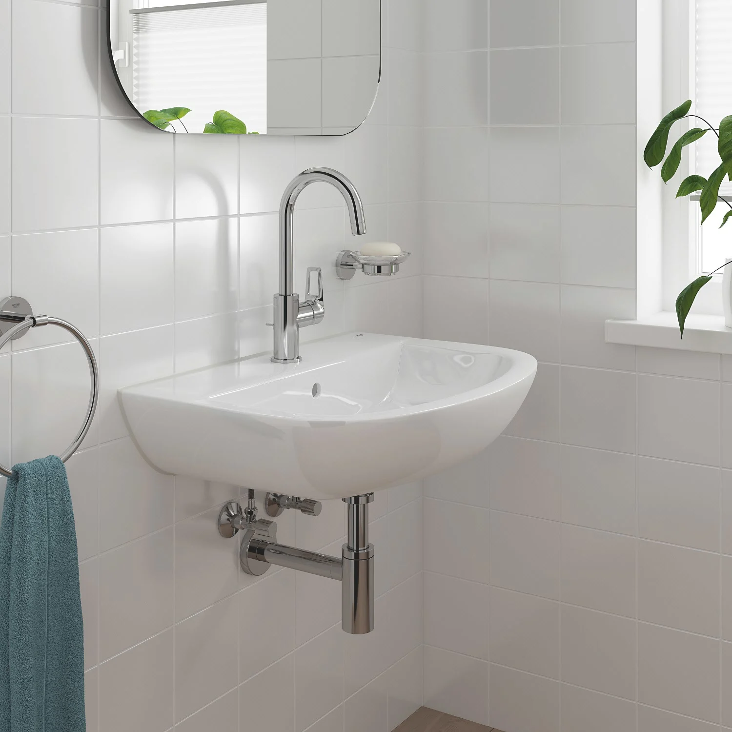 Zbliżenie umywalki z baterią, Grohe