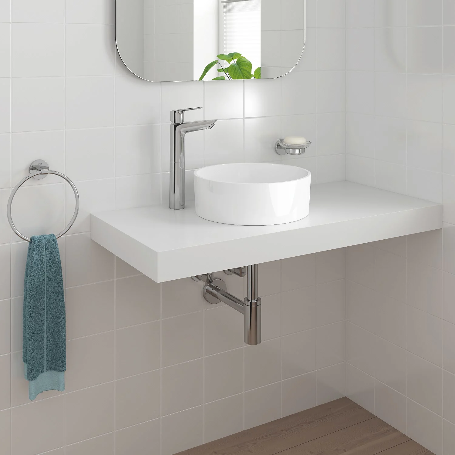 Zbliżenie umywalki z baterią, Grohe