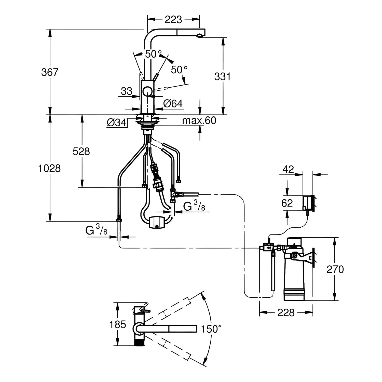 Rysunek techniczny baterii kuchennej z wymiarami, Grohe