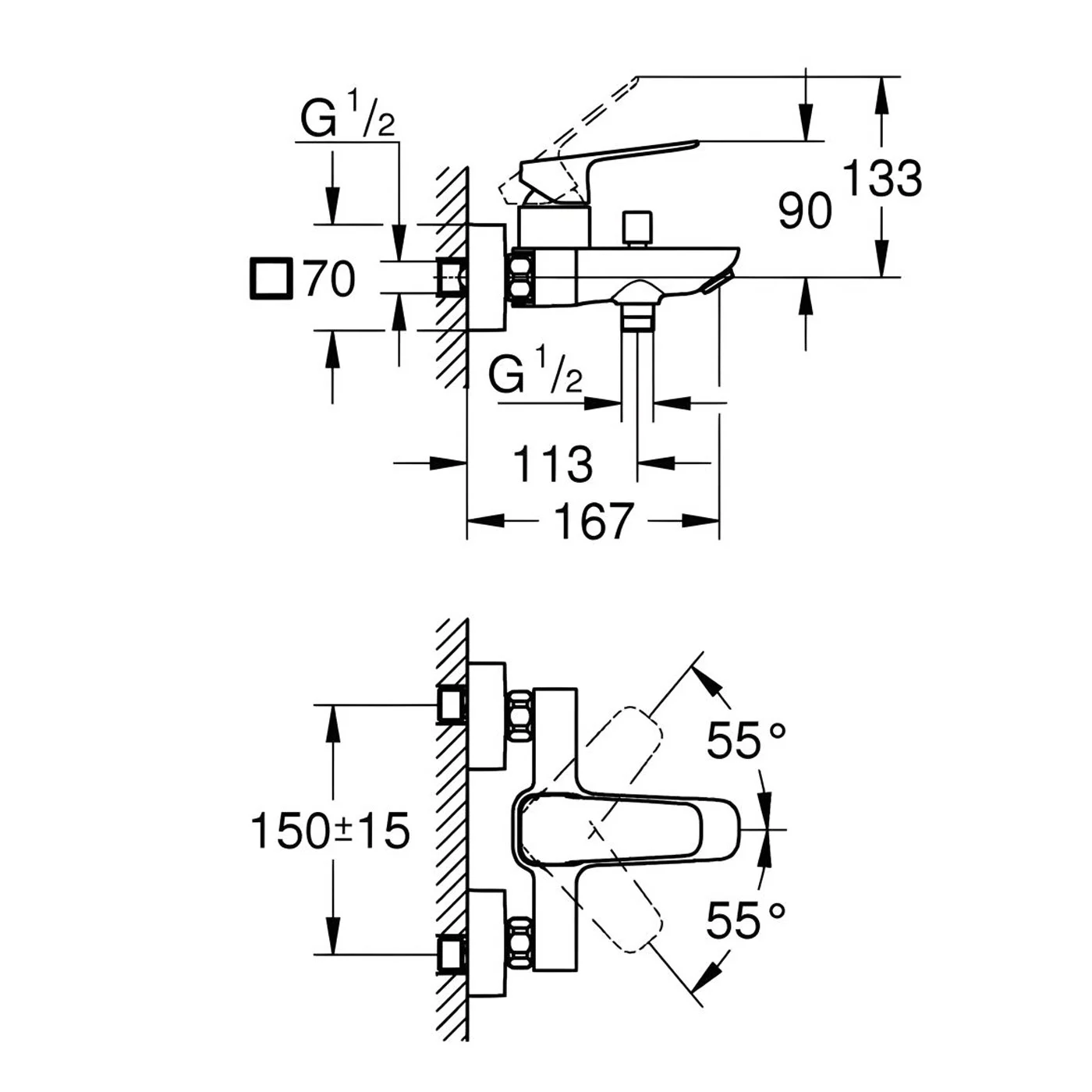 Rysunek techniczny baterii wannowej z wymiarami, Grohe