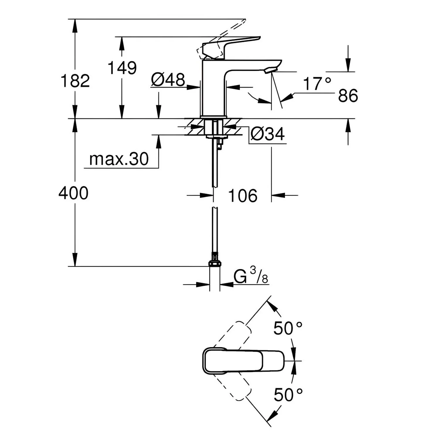 Rysunek techniczny baterii umywalkowej z wymiarami, Grohe