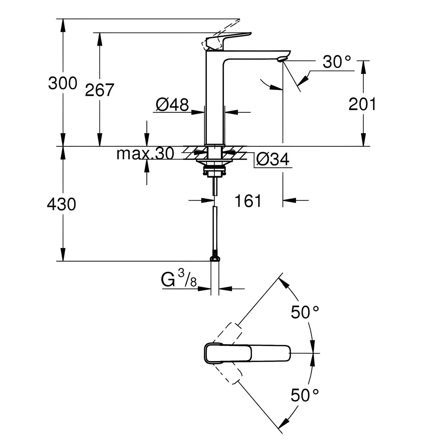Rysunek techniczny baterii umywalkowej z wymiarami, Grohe