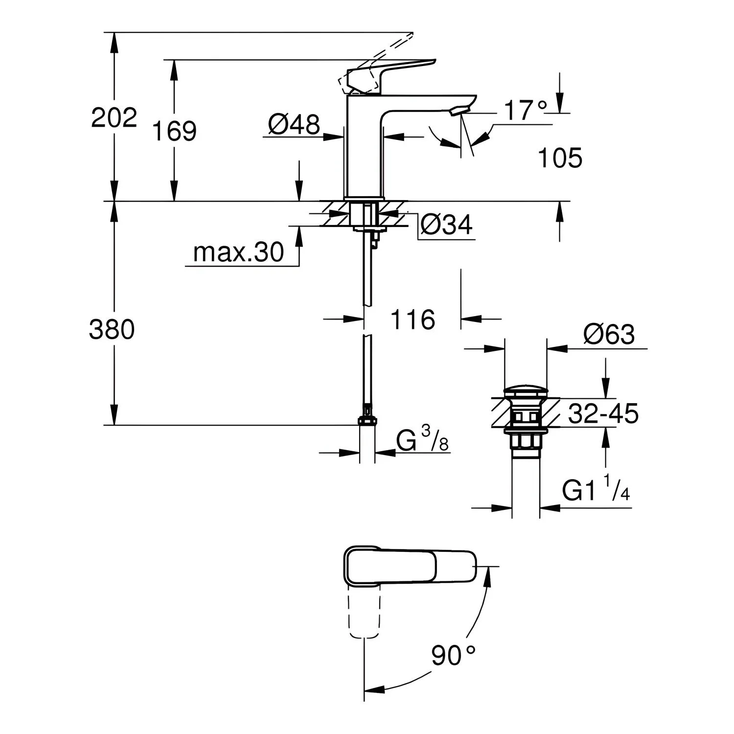 Rysunek techniczny baterii umywalkowej z wymiarami, Grohe