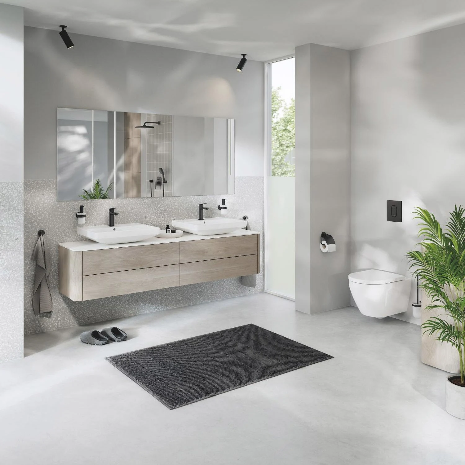 Łazienka z podwójnymi umywalkami i szarym dywanikiem, Grohe