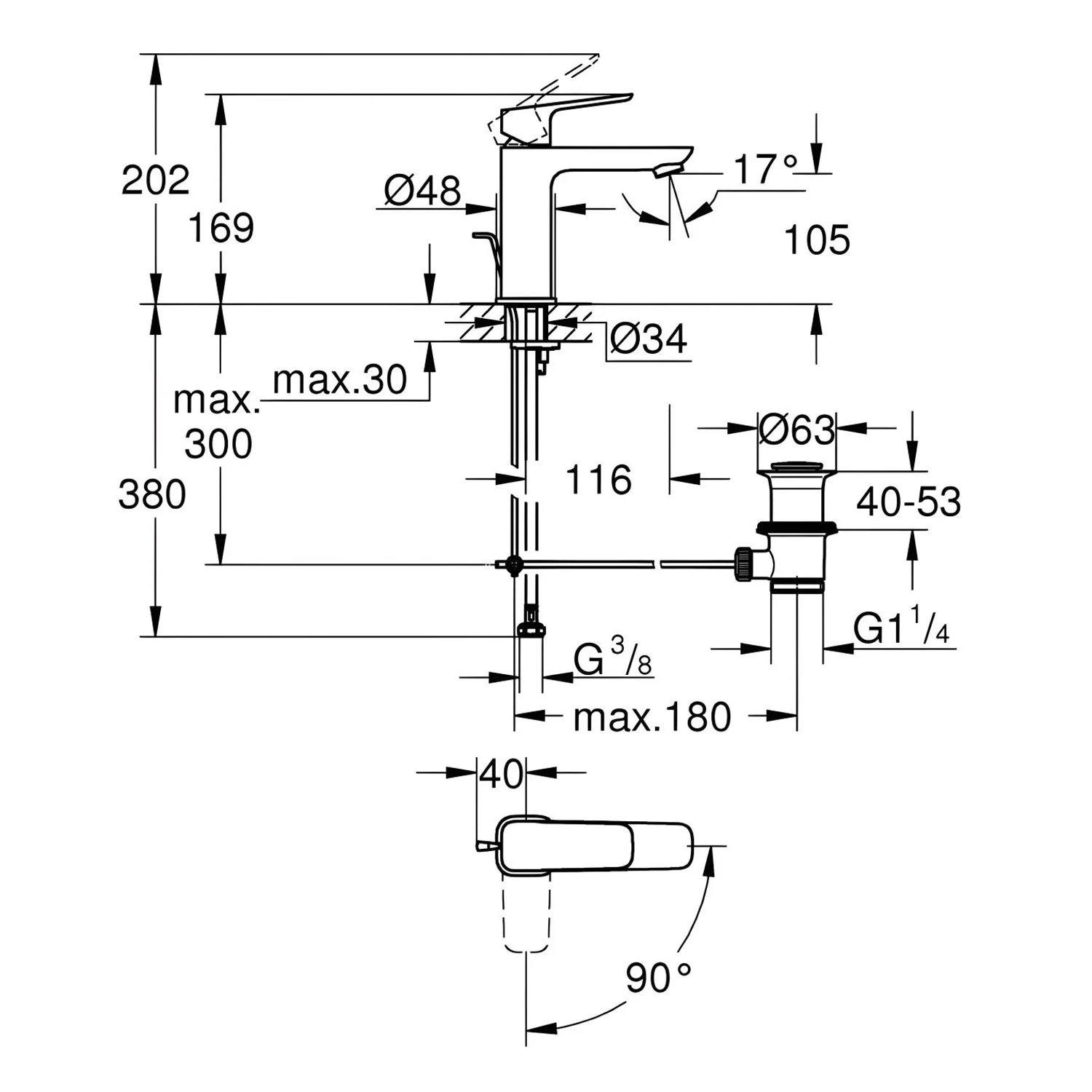 Rysunek techniczny baterii umywalkowej z wymiarami, Grohe