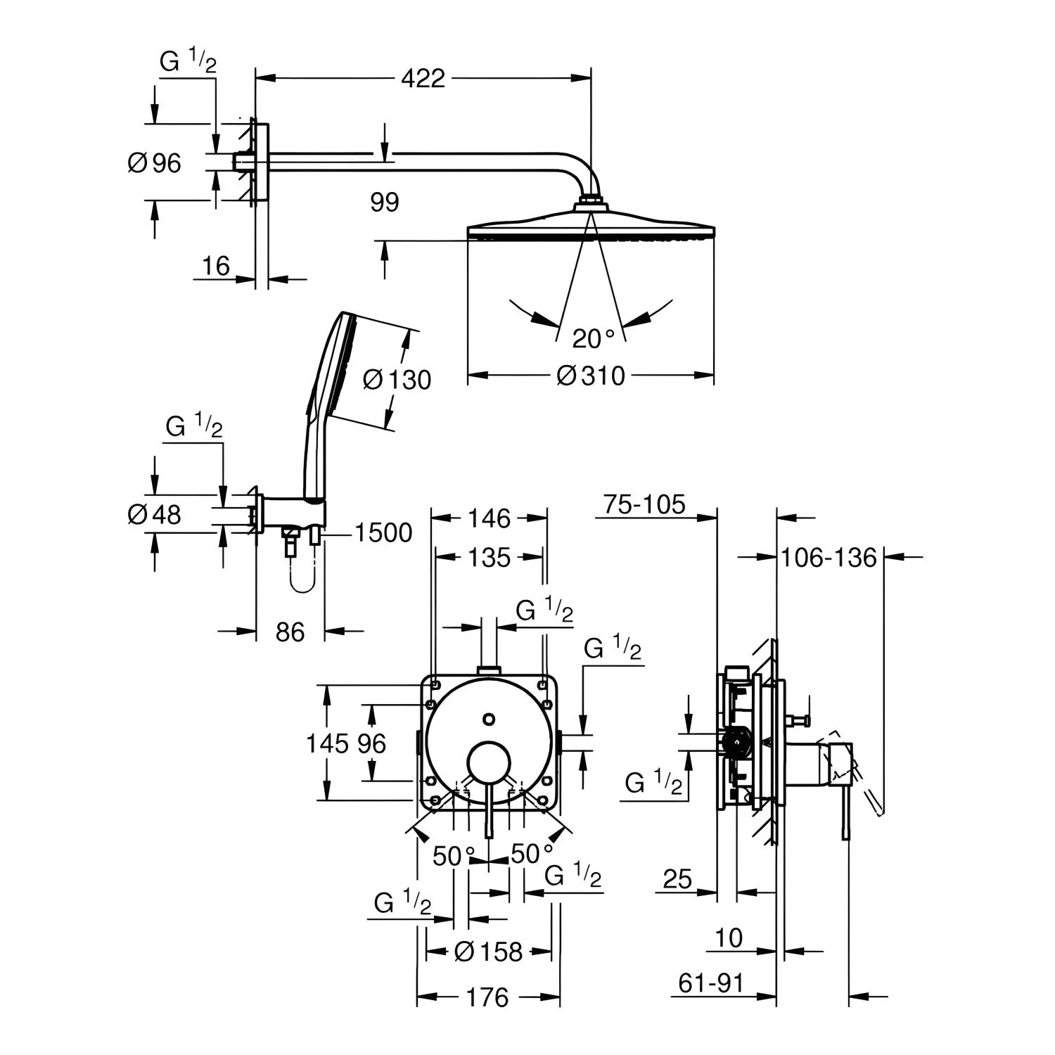 Rysunek techniczny systemu prysznicowego z wymiarami, Grohe