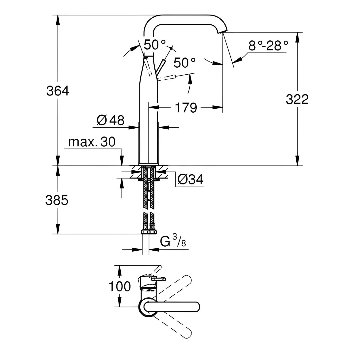 Rysunek techniczny baterii umywalkowej z wymiarami, Grohe