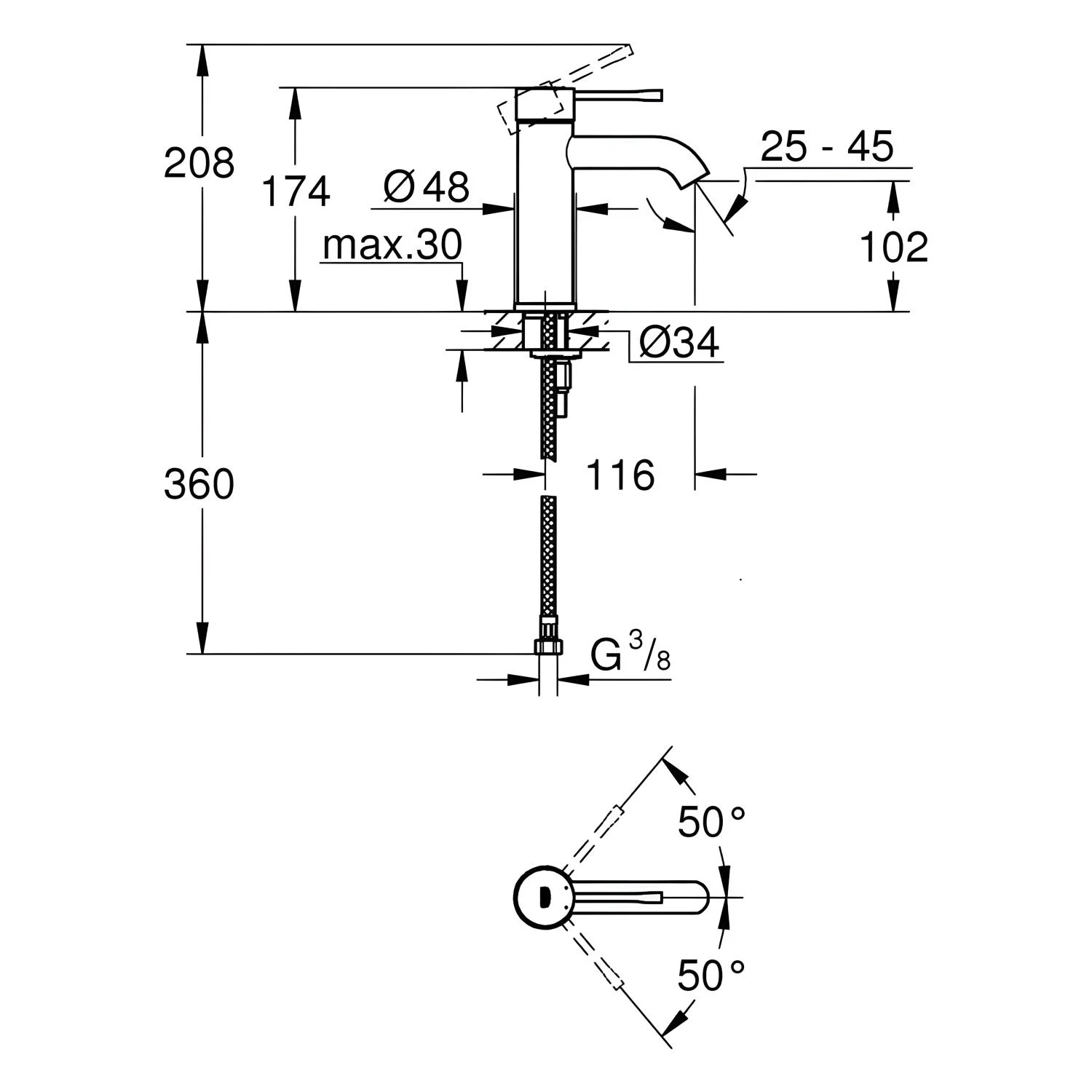 Rysunek techniczny baterii umywalkowej z wymiarami, Grohe