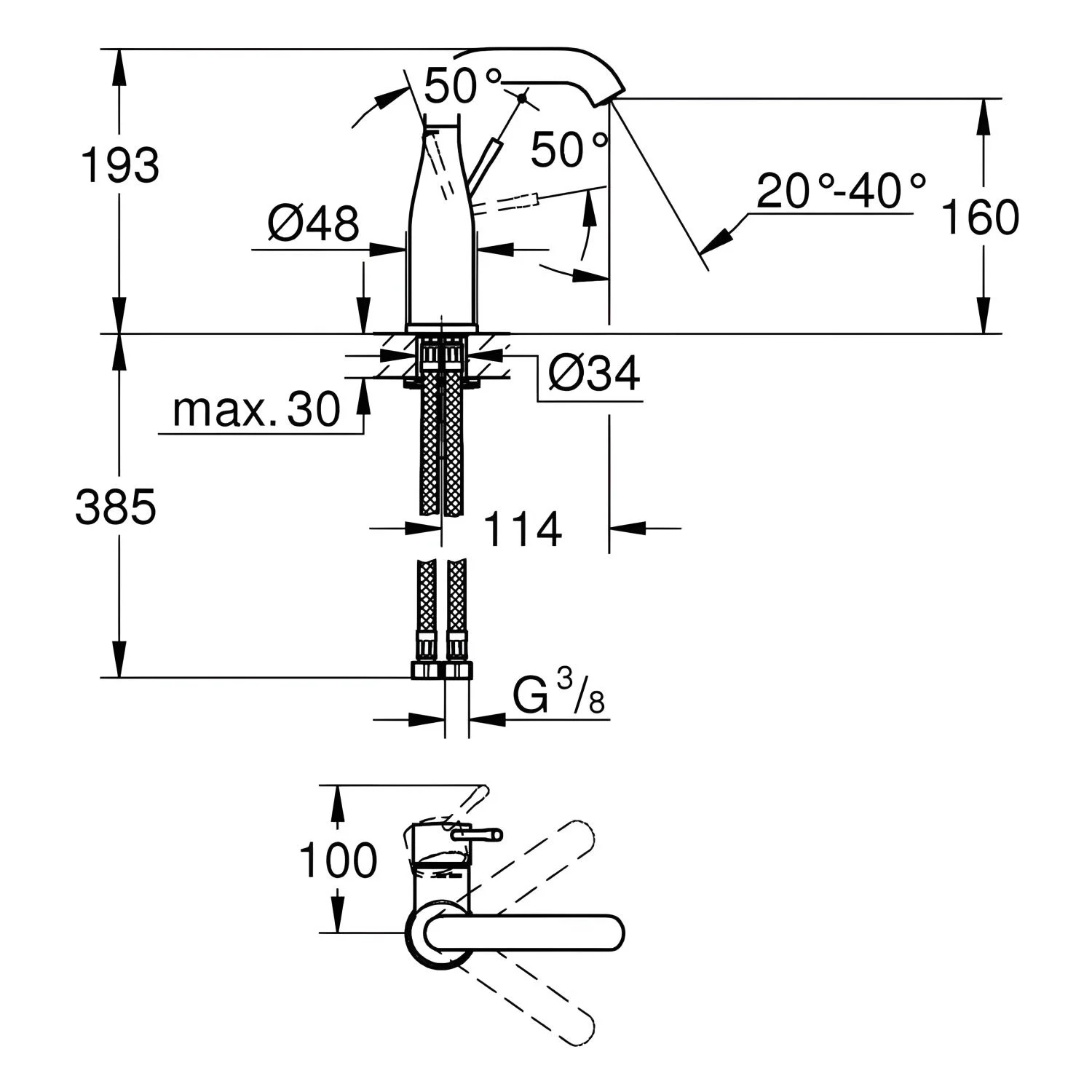 Rysunek techniczny baterii umywalkowej z wymiarami, Grohe