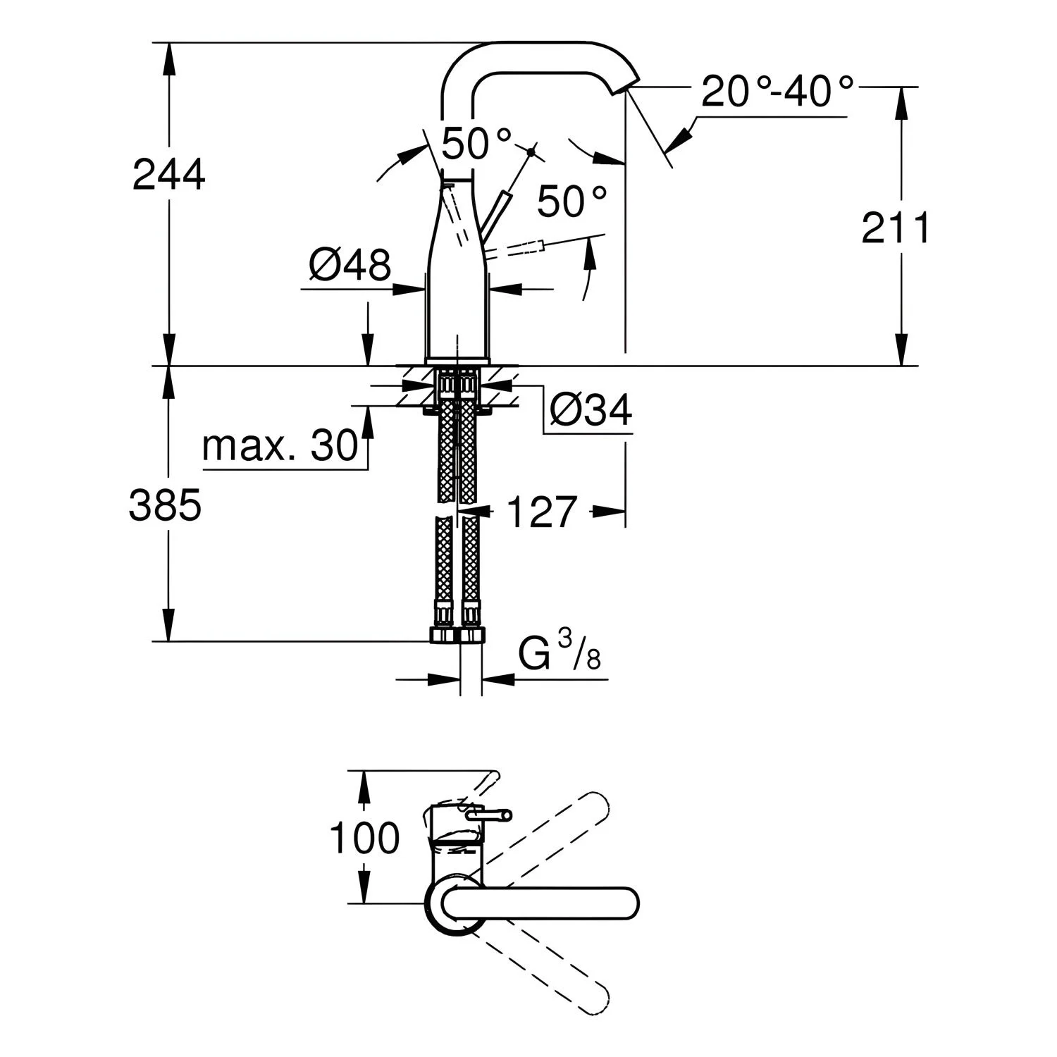 Rysunek techniczny baterii umywalkowej z wymiarami, Grohe