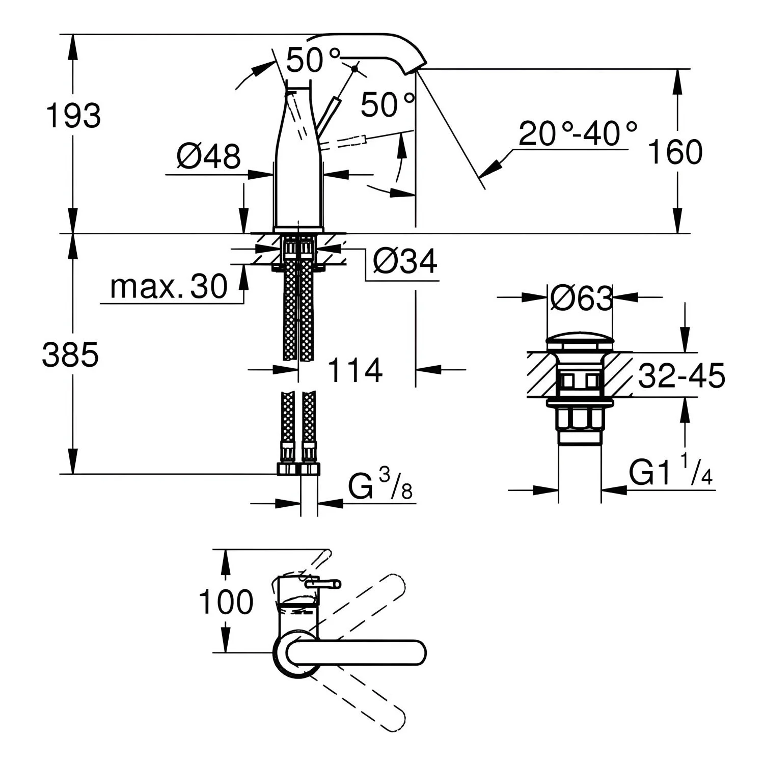 Rysunek techniczny baterii umywalkowej z wymiarami, Grohe