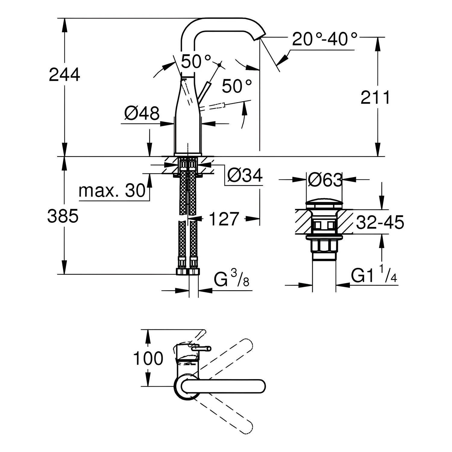 Rysunek techniczny baterii umywalkowej z wymiarami, Grohe