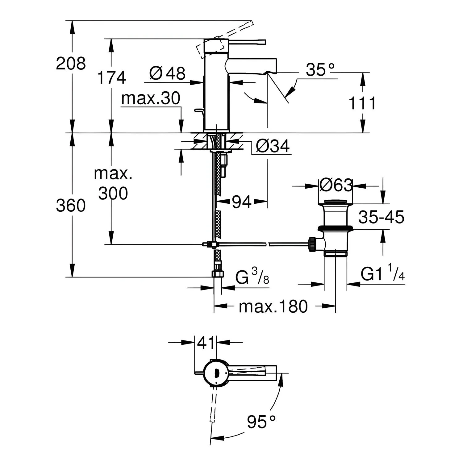 Rysunek techniczny baterii umywalkowej z wymiarami, Grohe