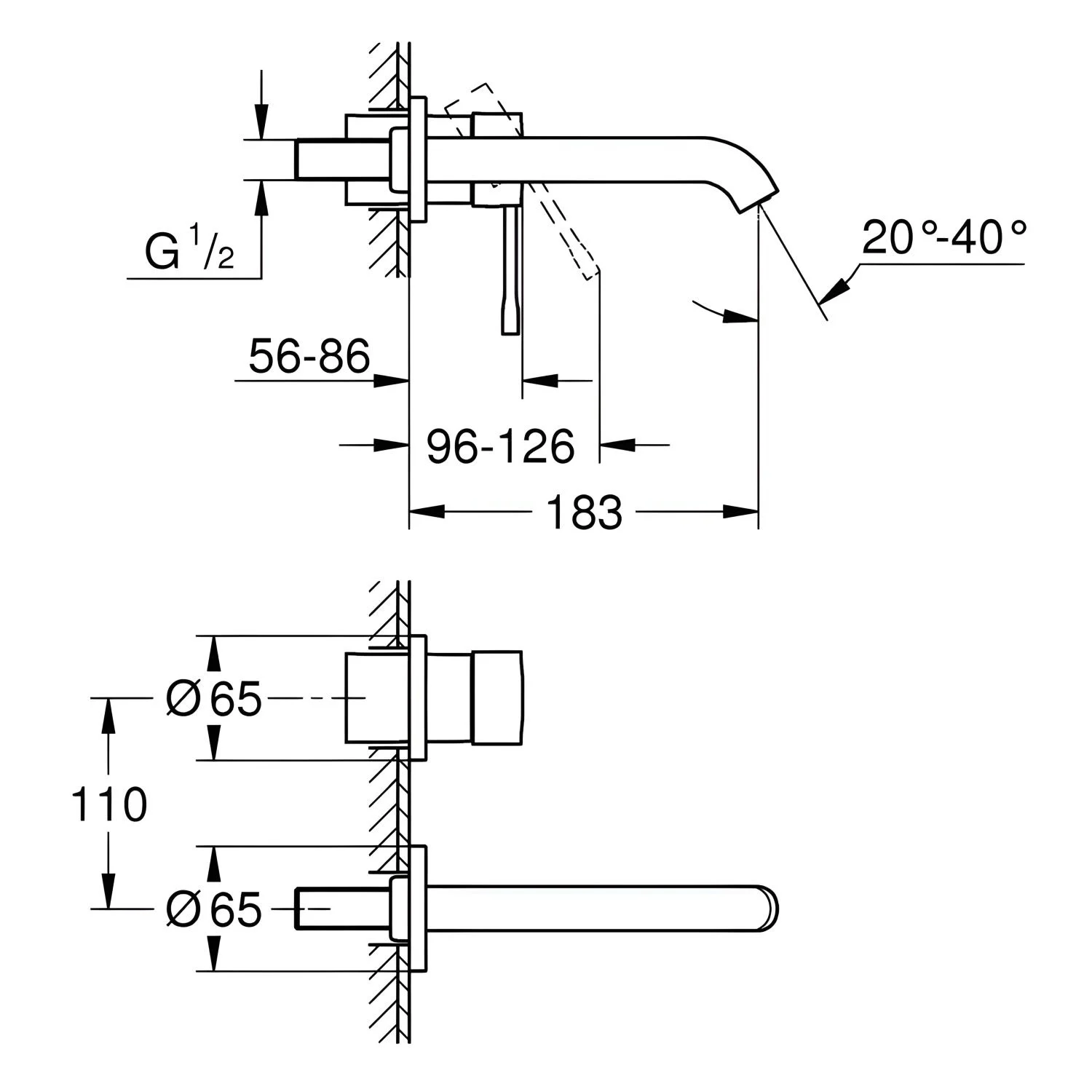 Rysunek techniczny baterii umywalkowej z wymiarami, Grohe