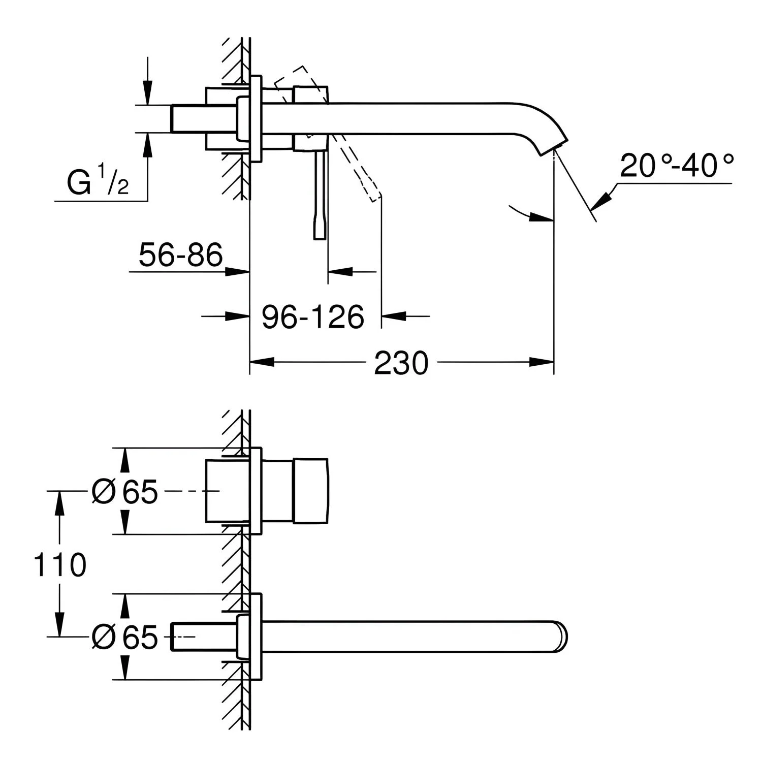 Rysunek techniczny baterii umywalkowej z wymiarami, Grohe