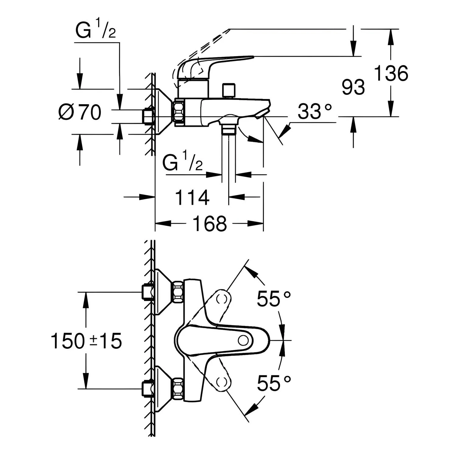Rysunek techniczny baterii wannowej z wymiarami, Grohe