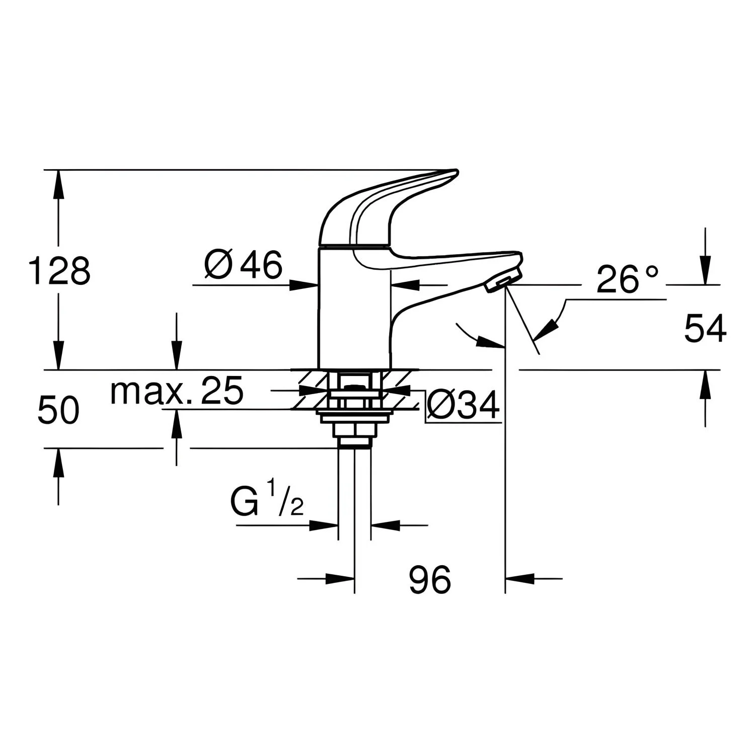 Rysunek techniczny zaworu stojącego z wymiarami, Grohe