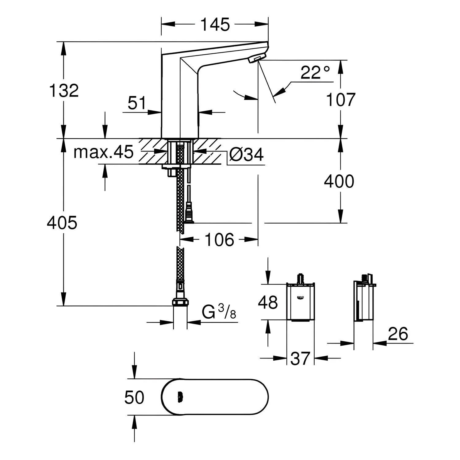 Rysunek techniczny kranu z wymiarami, Grohe