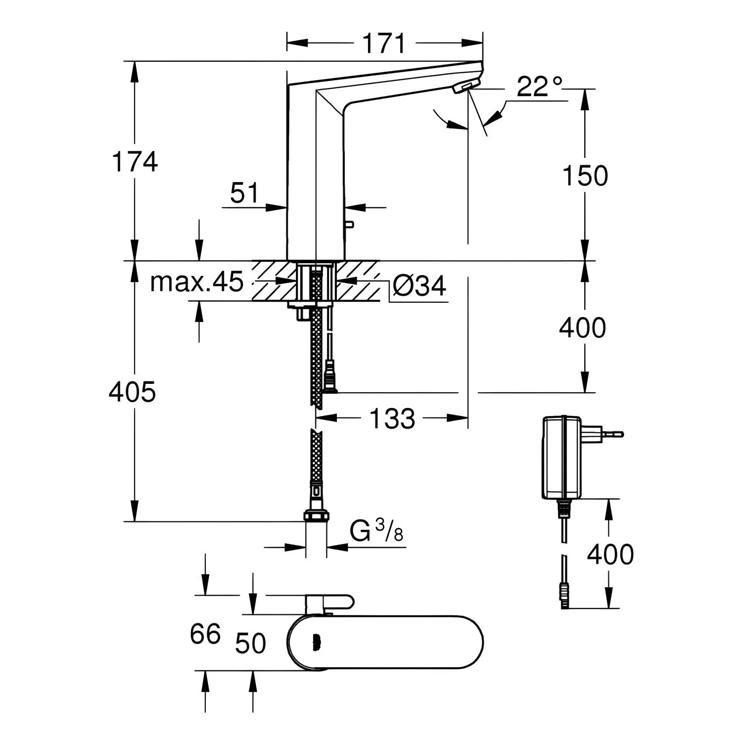 Rysunek techniczny kranu z wymiarami, Grohe