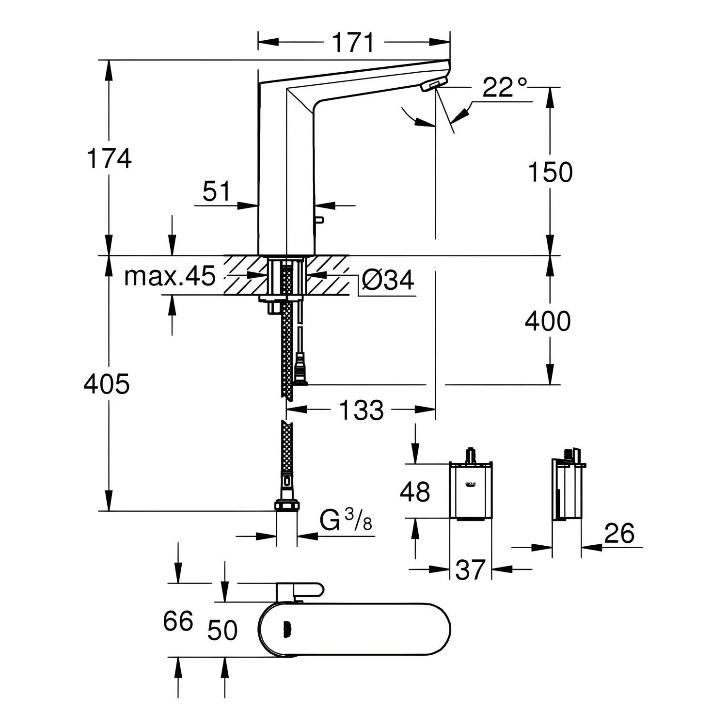 Rysunek techniczny kranu z wymiarami, Grohe