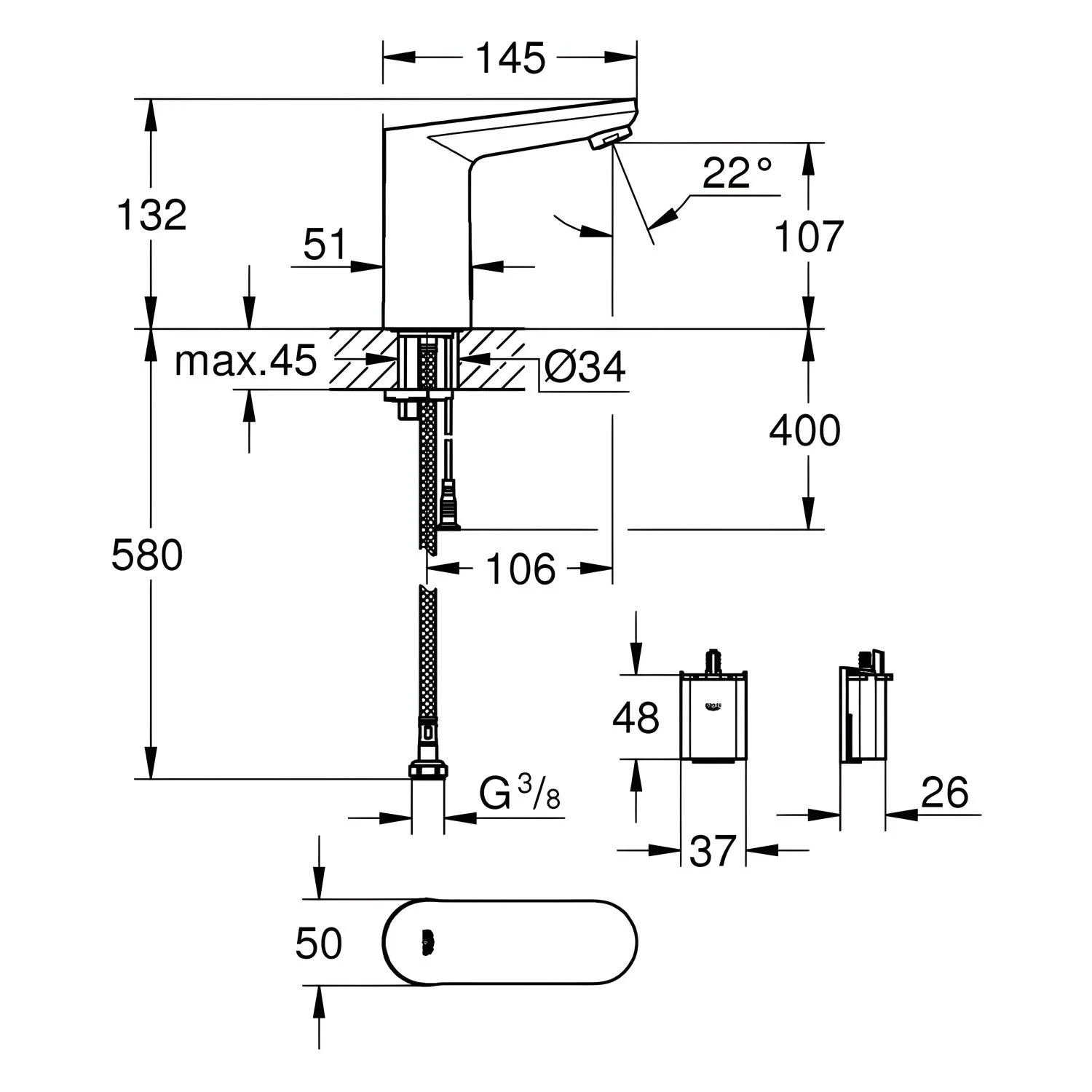 Rysunek techniczny kranu z wymiarami, Grohe