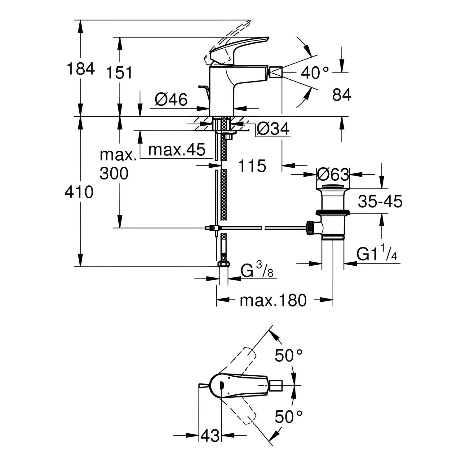 Rysunek techniczny baterii bidetowej z wymiarami, Grohe