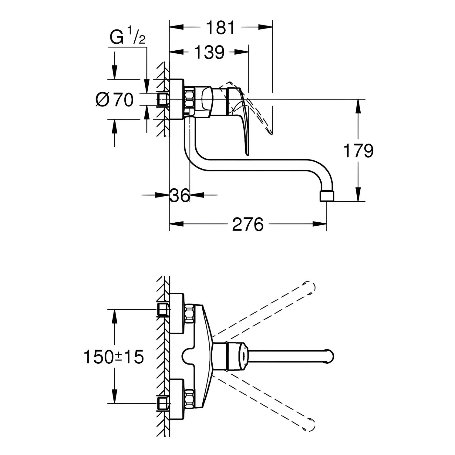 Rysunek techniczny baterii kuchennej z wymiarami, Grohe