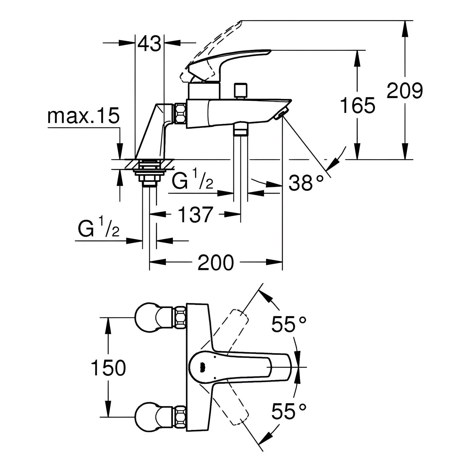 Rysunek techniczny baterii wannowej z wymiarami, Grohe