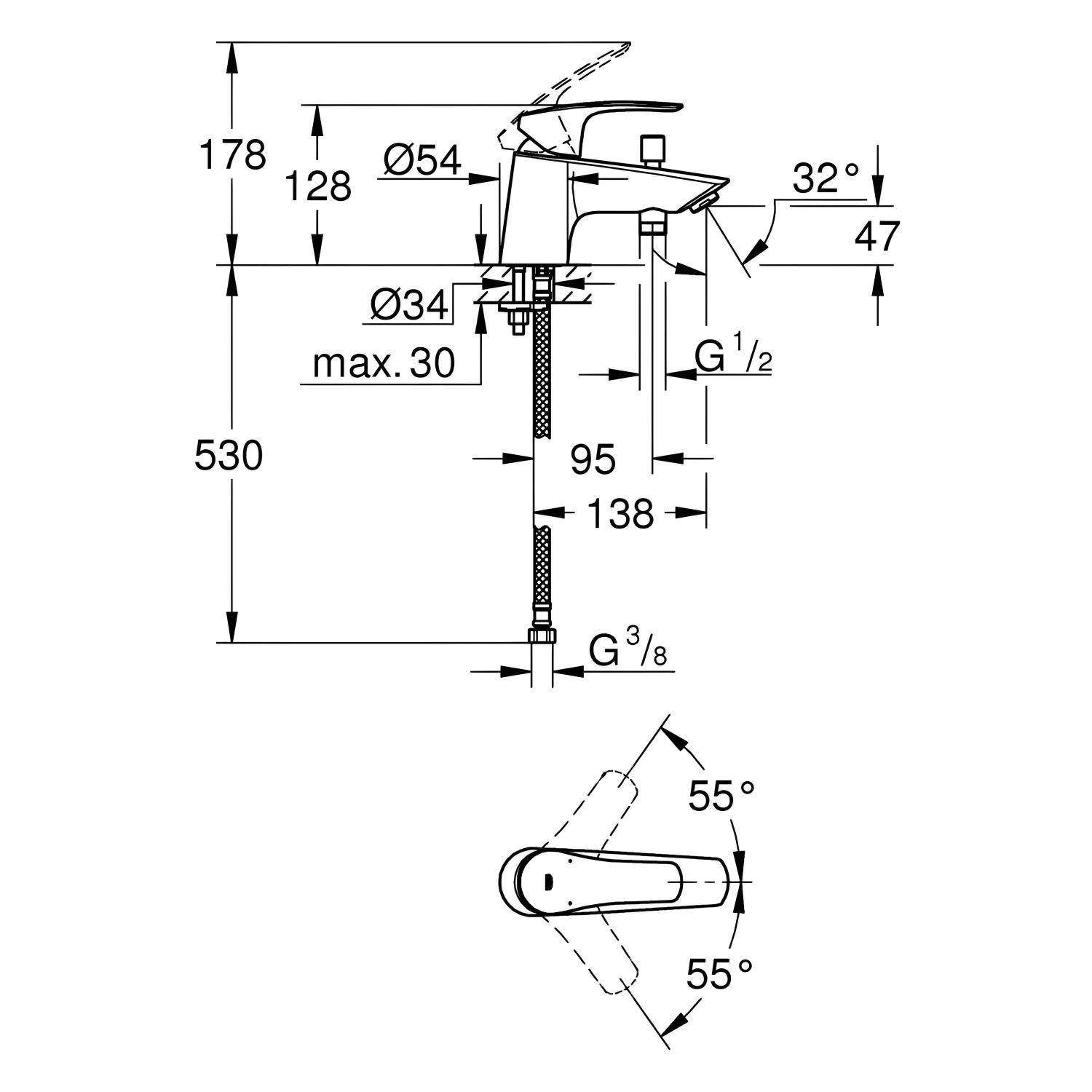 Rysunek techniczny baterii wannowej z wymiarami, Grohe