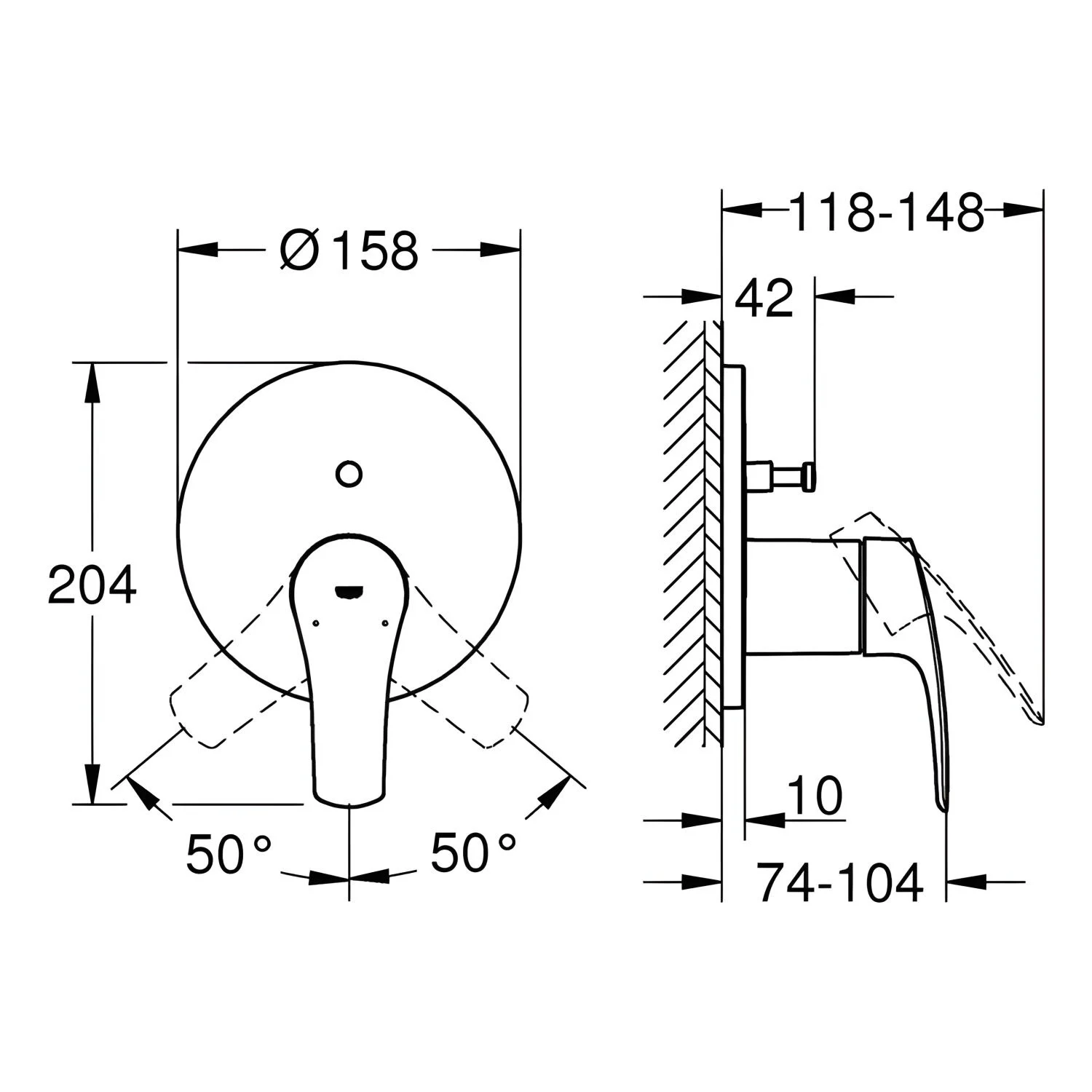 Rysunek techniczny baterii wannowej z wymiarami, Grohe