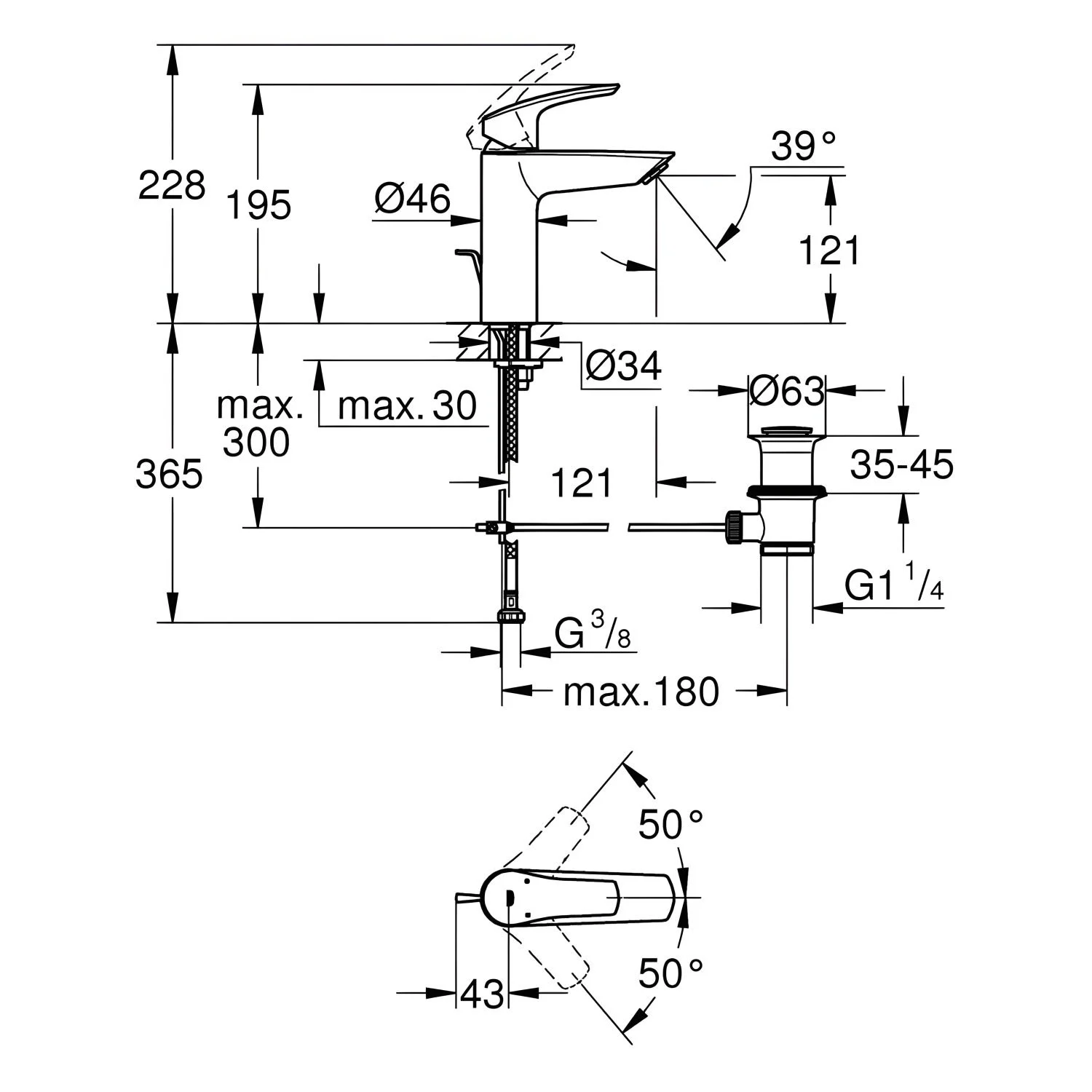 Rysunek techniczny baterii umywalkowej z wymiarami, Grohe