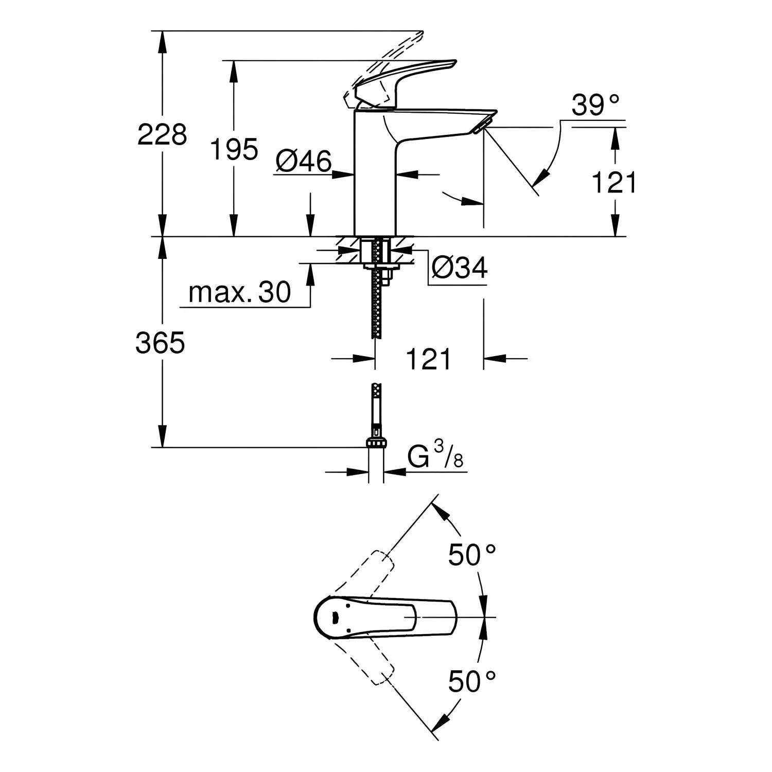 Rysunek techniczny baterii umywalkowej z wymiarami, Grohe