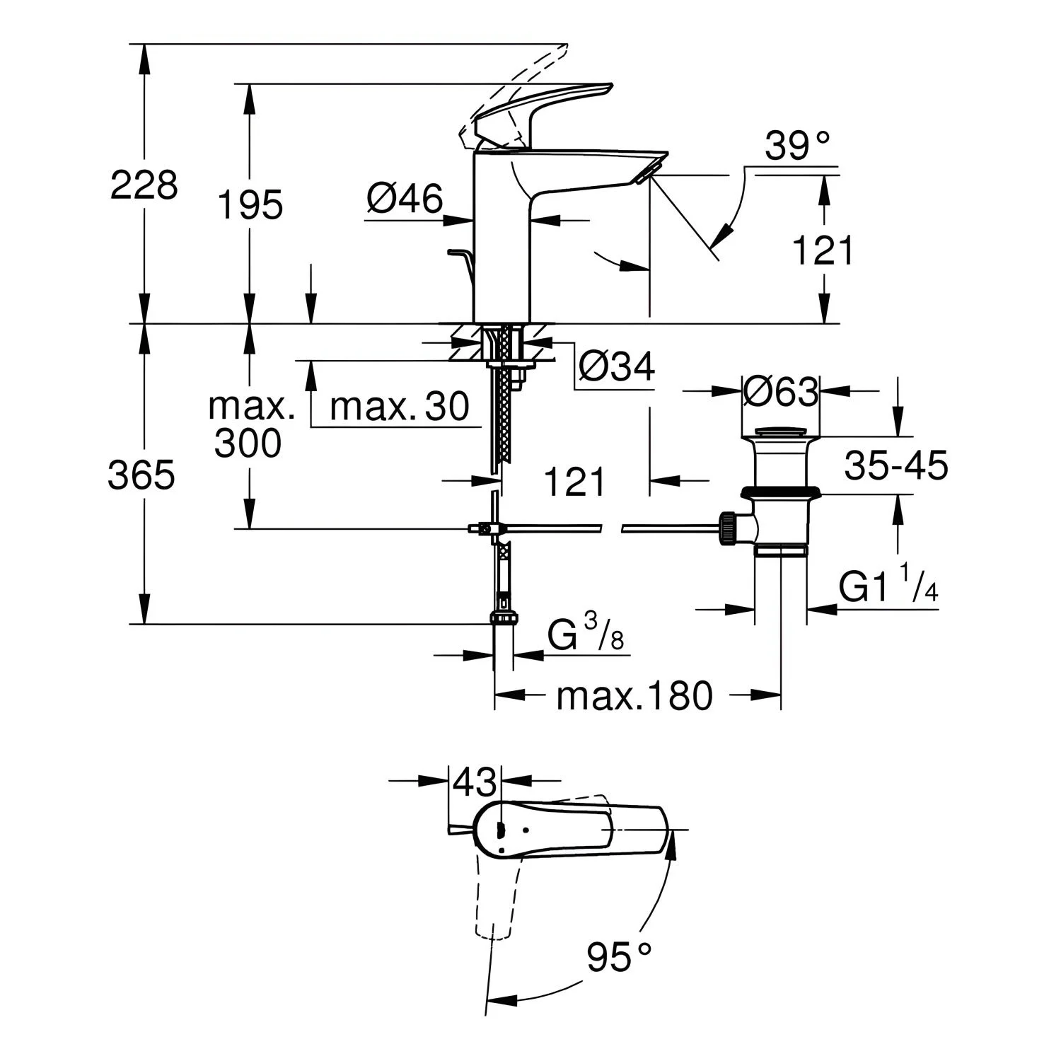 Rysunek techniczny baterii umywalkowej z wymiarami, Grohe