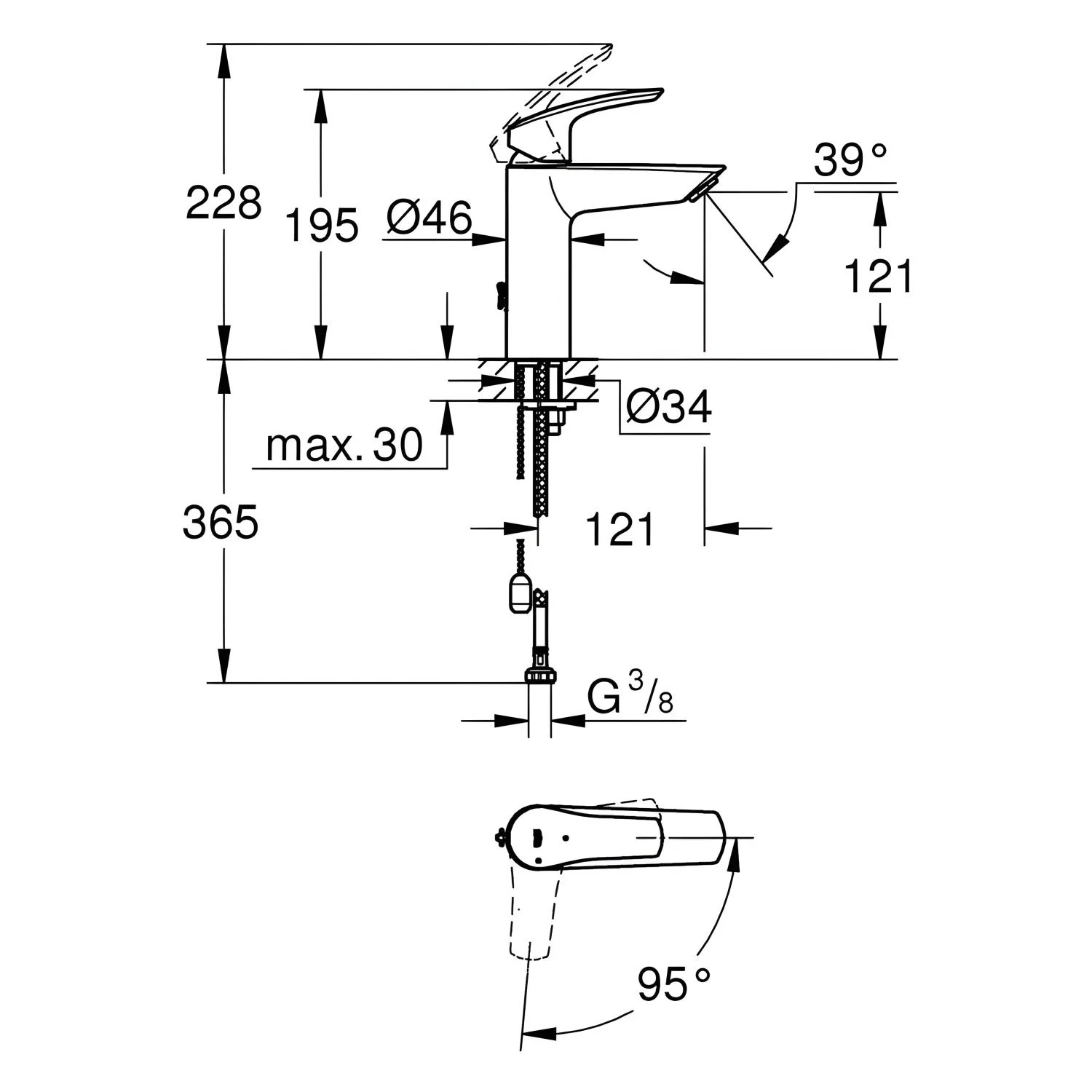 Rysunek techniczny baterii umywalkowej z wymiarami, Grohe