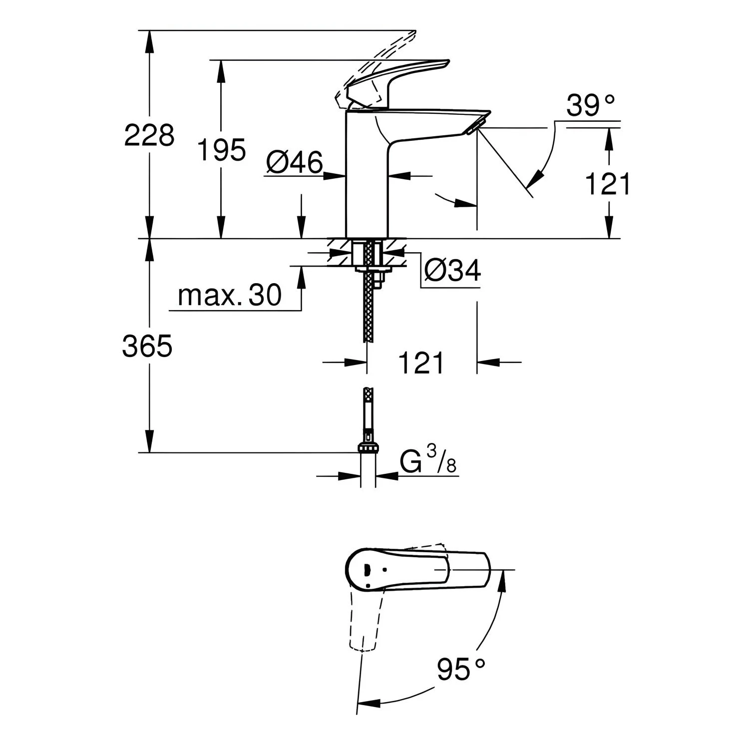 Rysunek techniczny baterii umywalkowej z wymiarami, Grohe