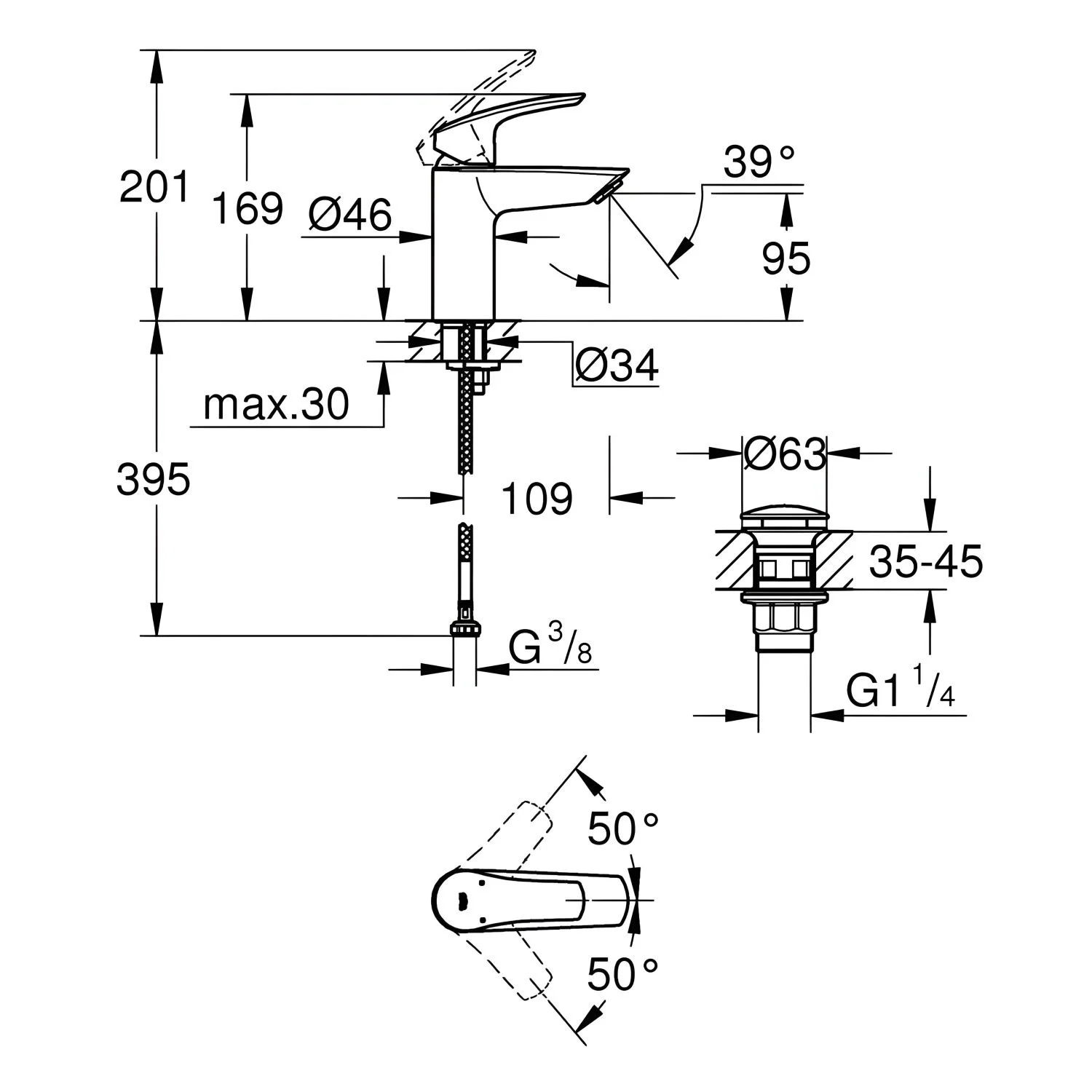Rysunek techniczny baterii umywalkowej z wymiarami, Grohe