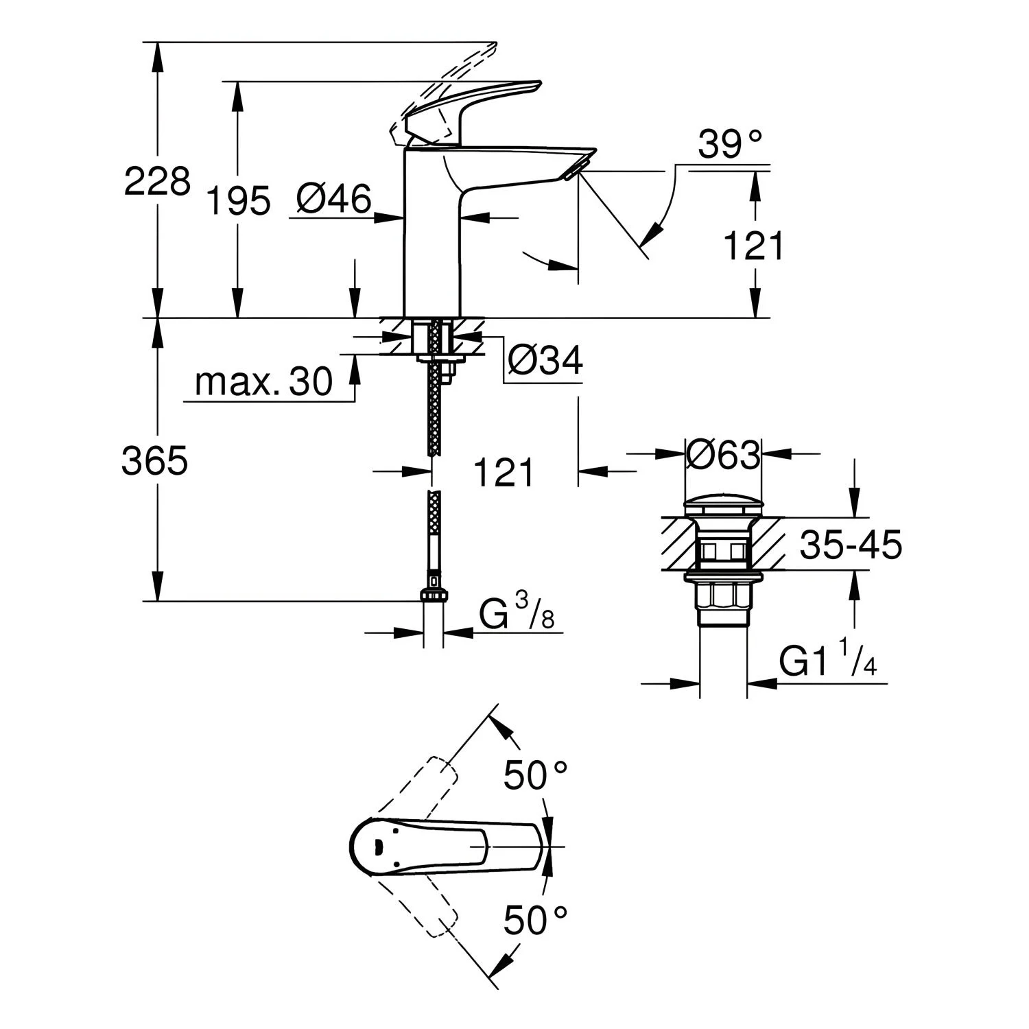 Rysunek techniczny baterii umywalkowej z wymiarami, Grohe