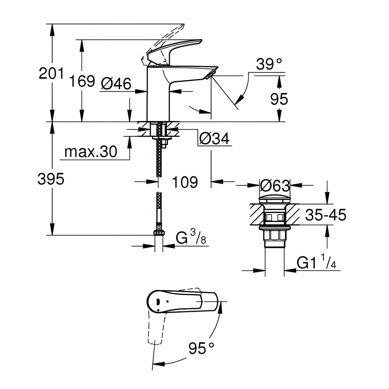 Rysunek techniczny baterii umywalkowej z wymiarami, Grohe