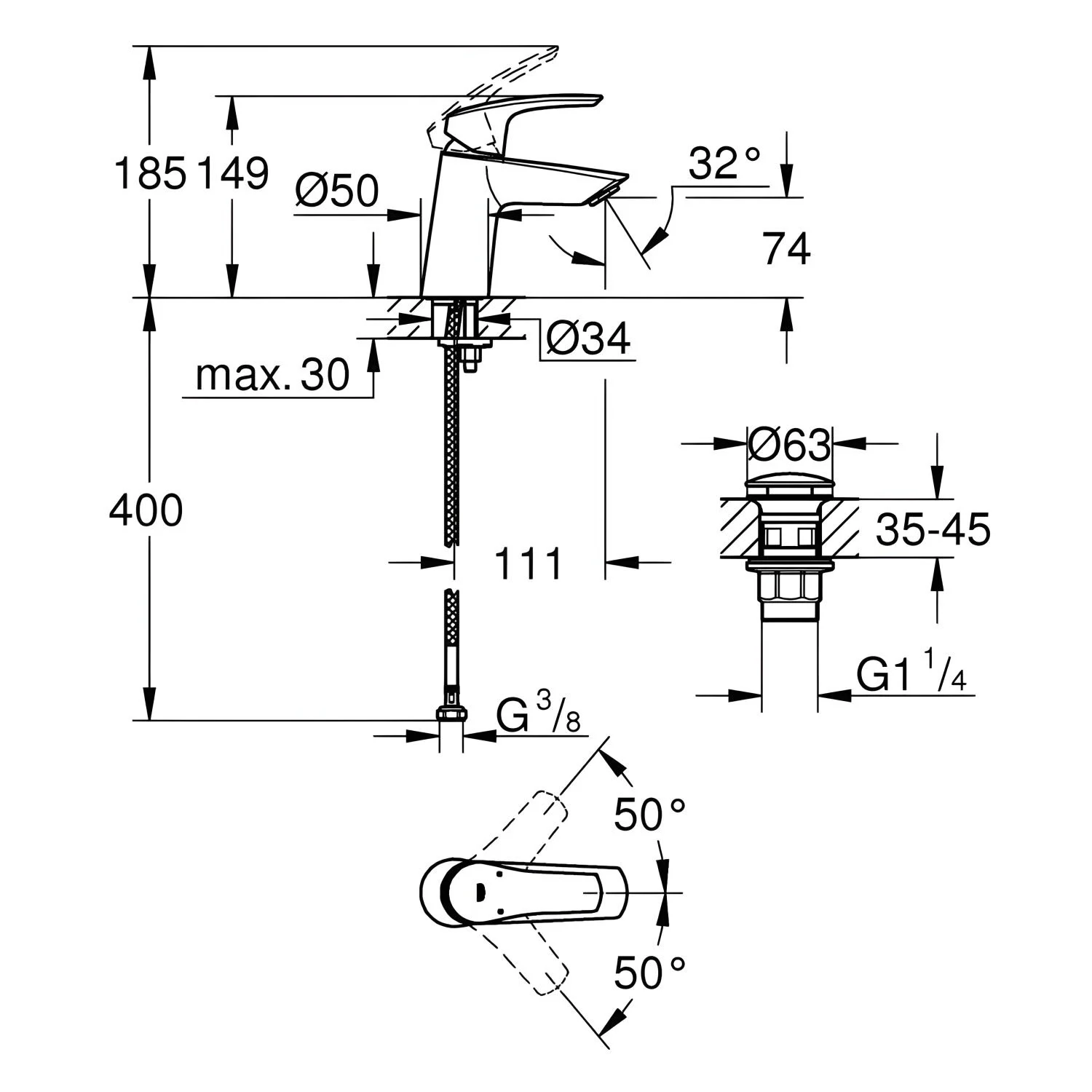 Rysunek techniczny baterii umywalkowej z wymiarami, Grohe