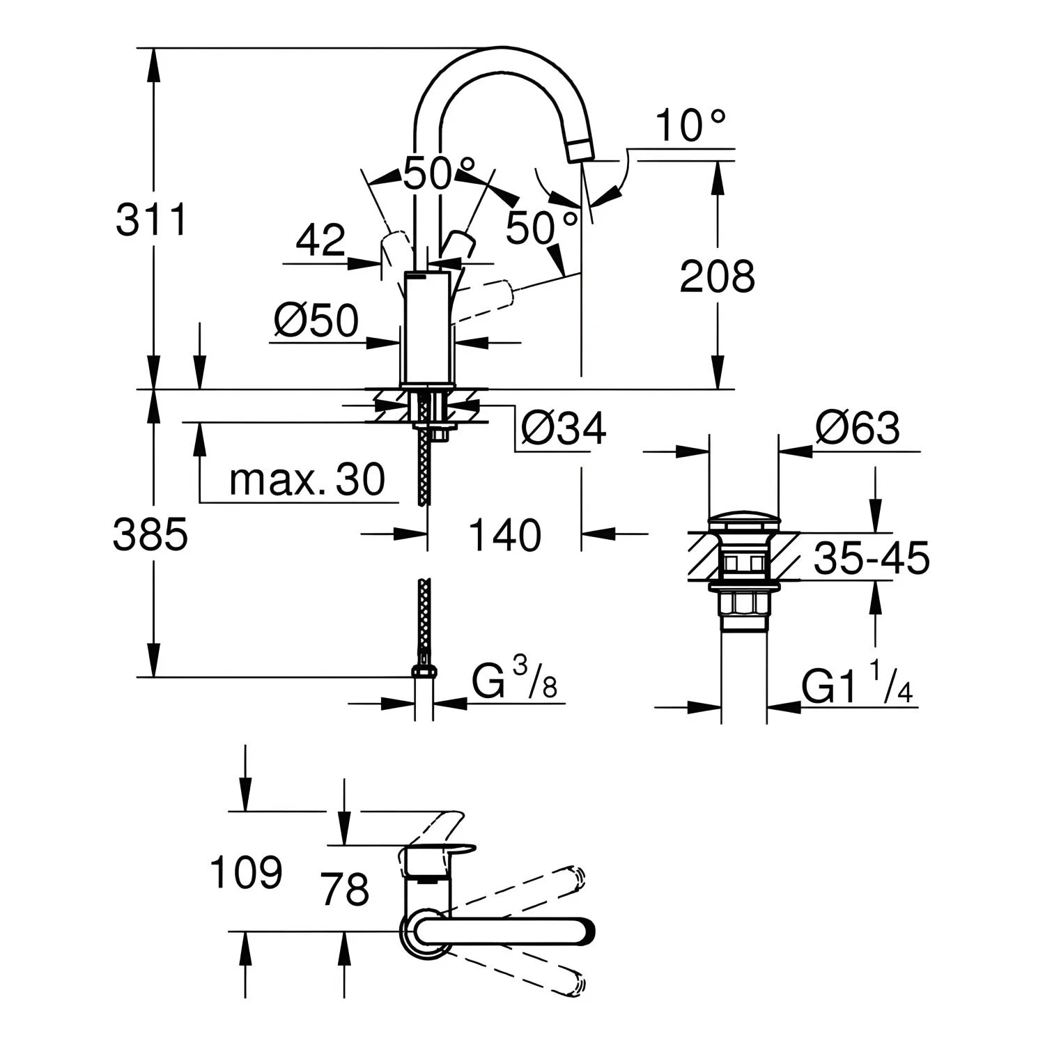 Rysunek techniczny baterii umywalkowej z wymiarami, Grohe