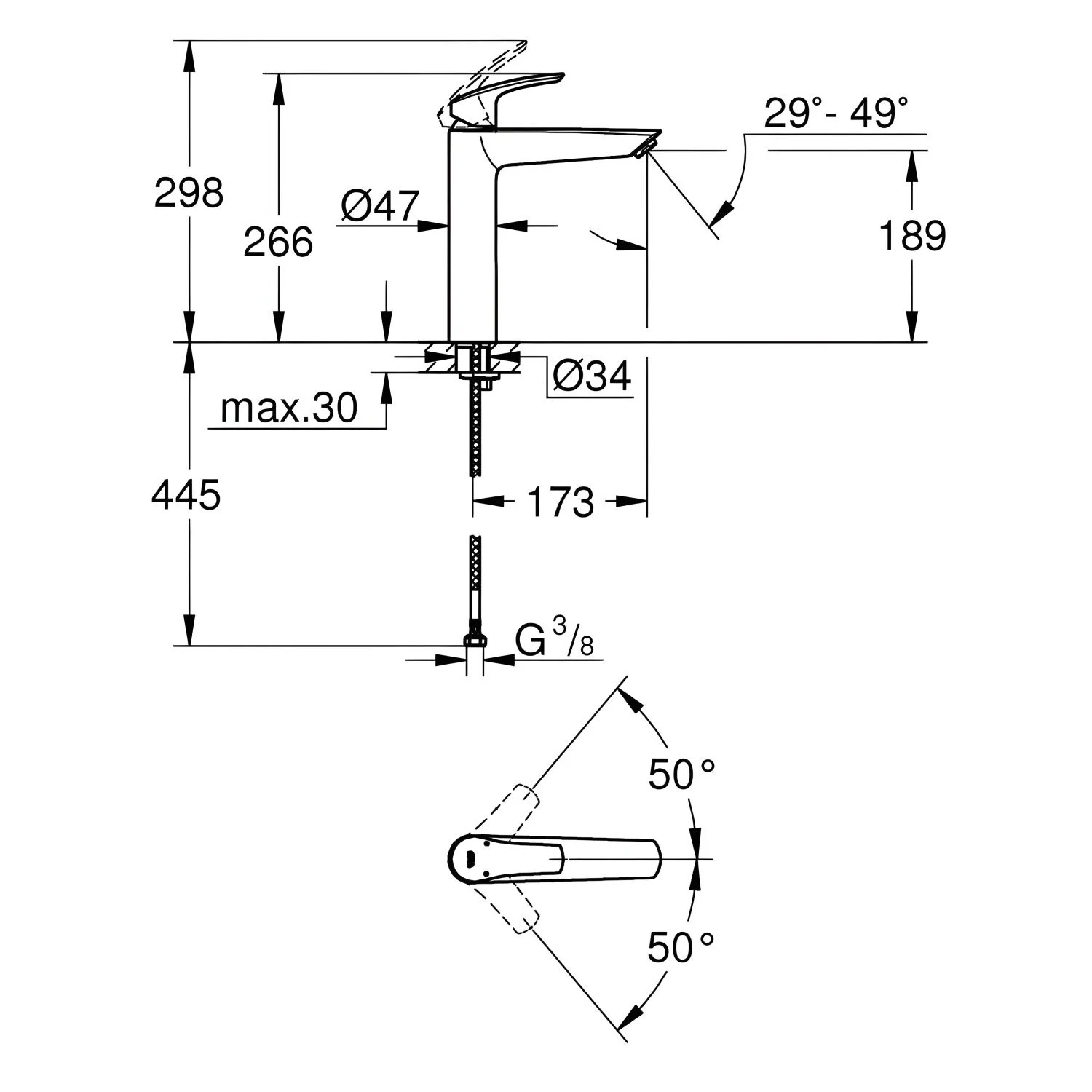 Rysunek techniczny baterii umywalkowej z wymiarami, Grohe