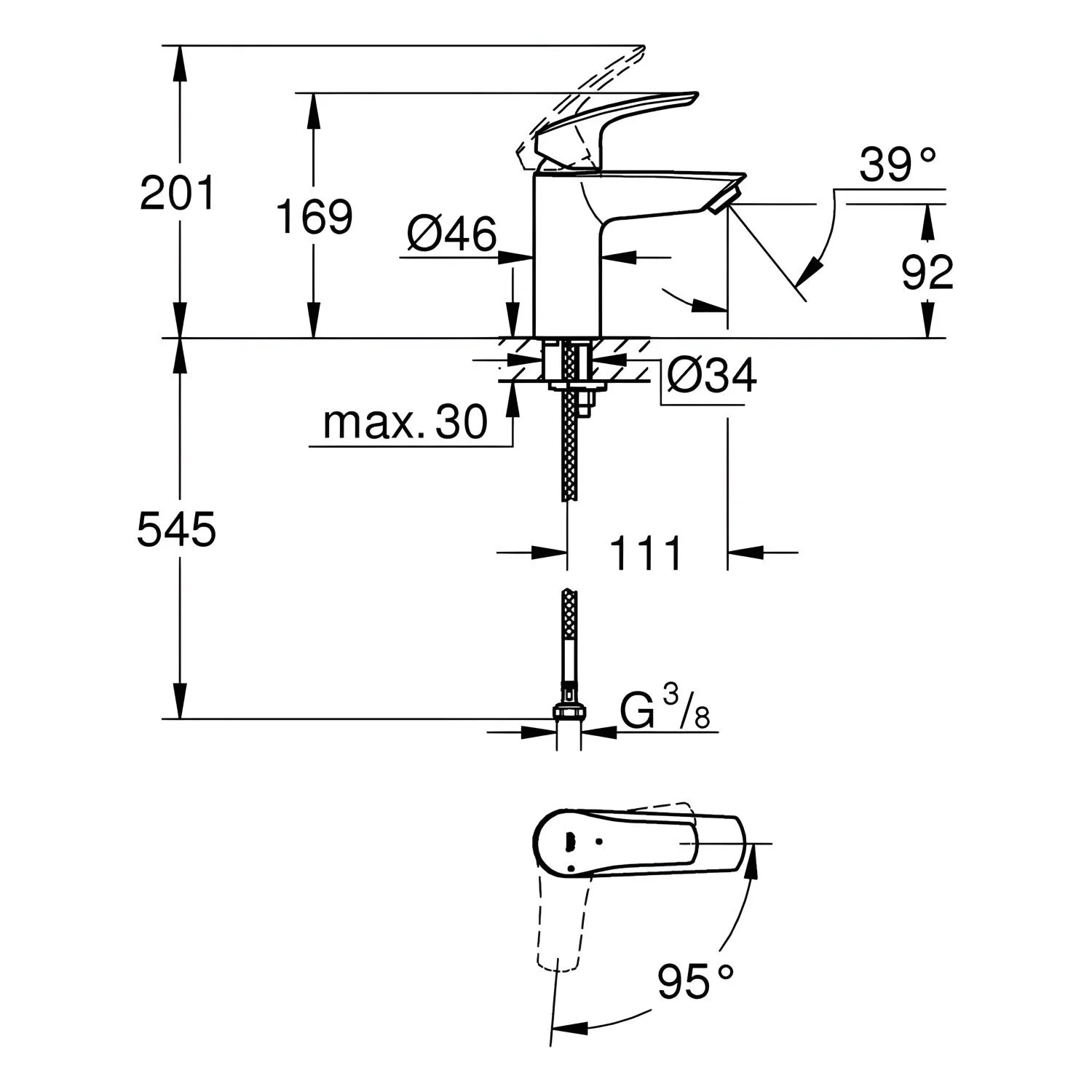 Rysunek techniczny baterii umywalkowej z wymiarami, Grohe