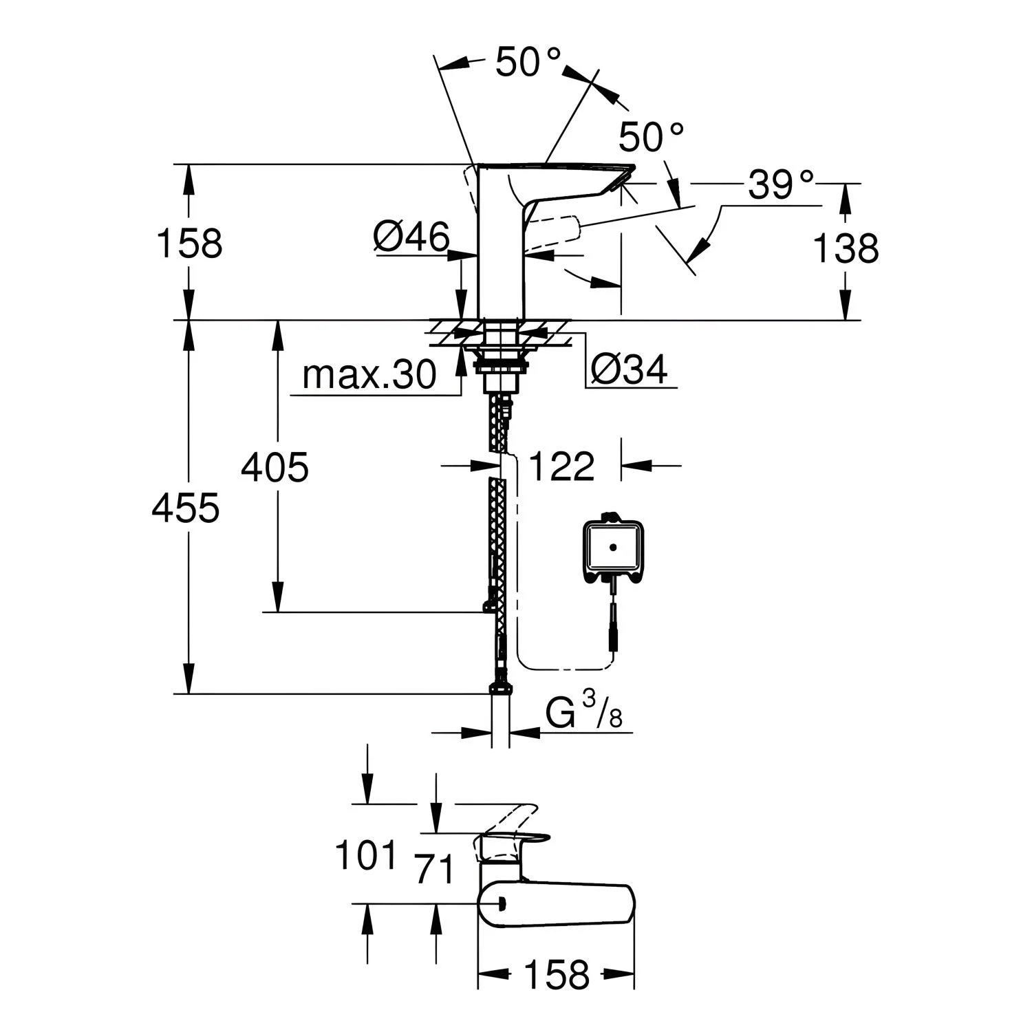 Rysunek techniczny baterii umywalkowej z wymiarami, Grohe