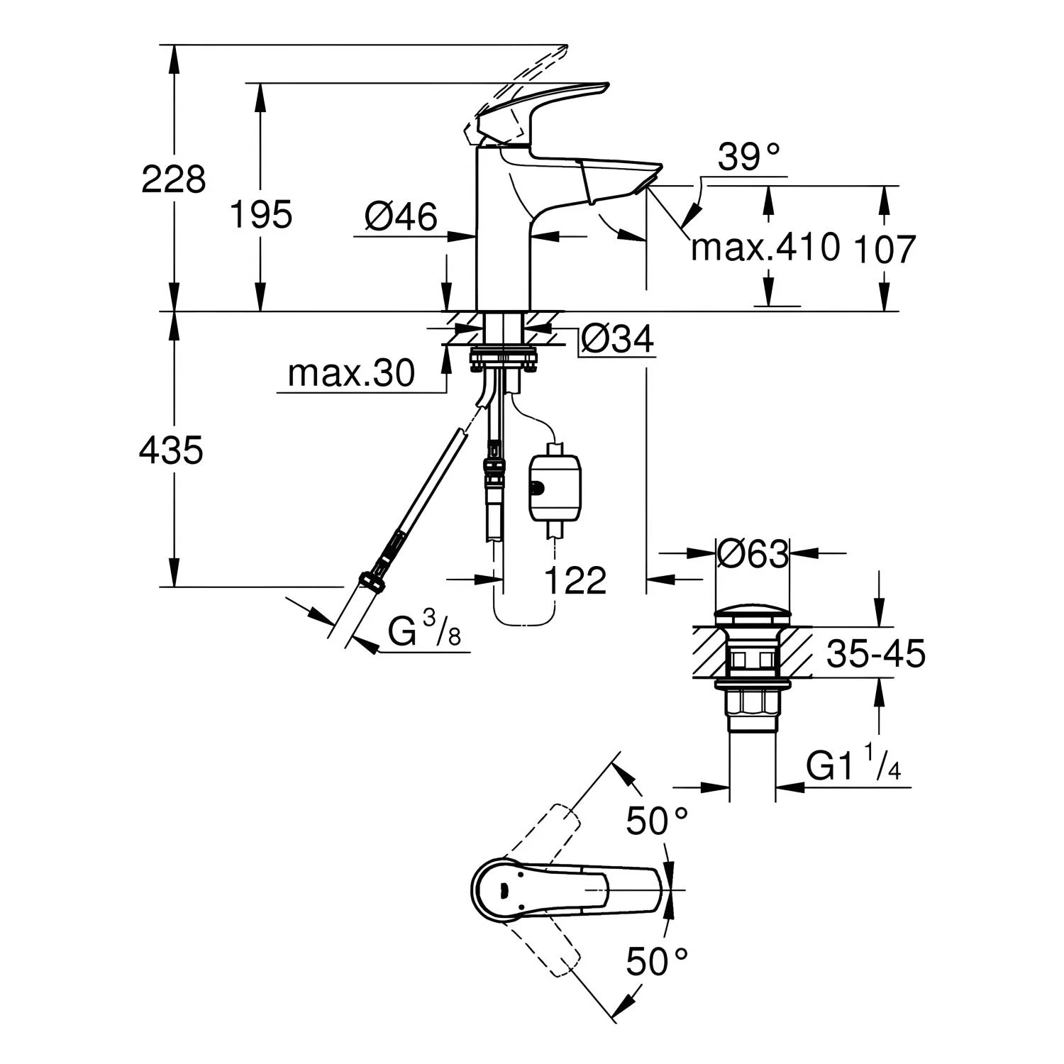Rysunek techniczny baterii umywalkowej z wymiarami, Grohe