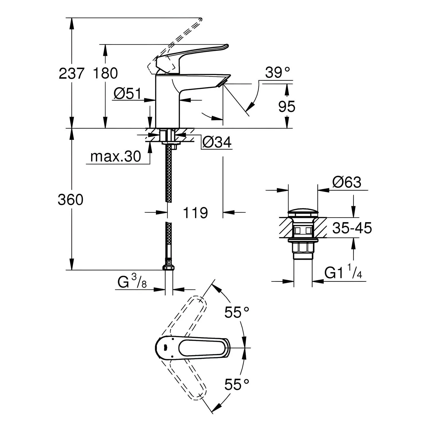 Rysunek techniczny baterii umywalkowej z wymiarami, Grohe