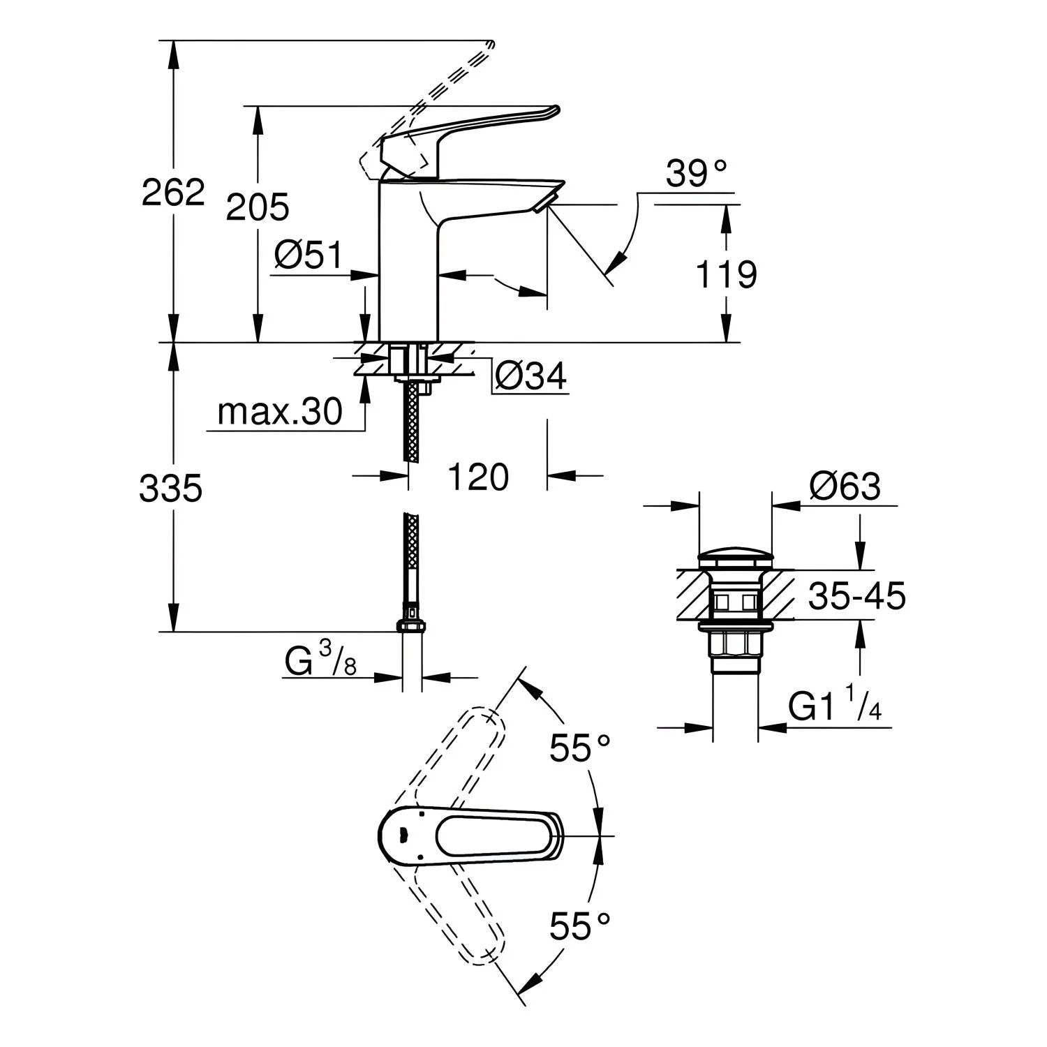 Rysunek techniczny baterii umywalkowej z wymiarami, Grohe