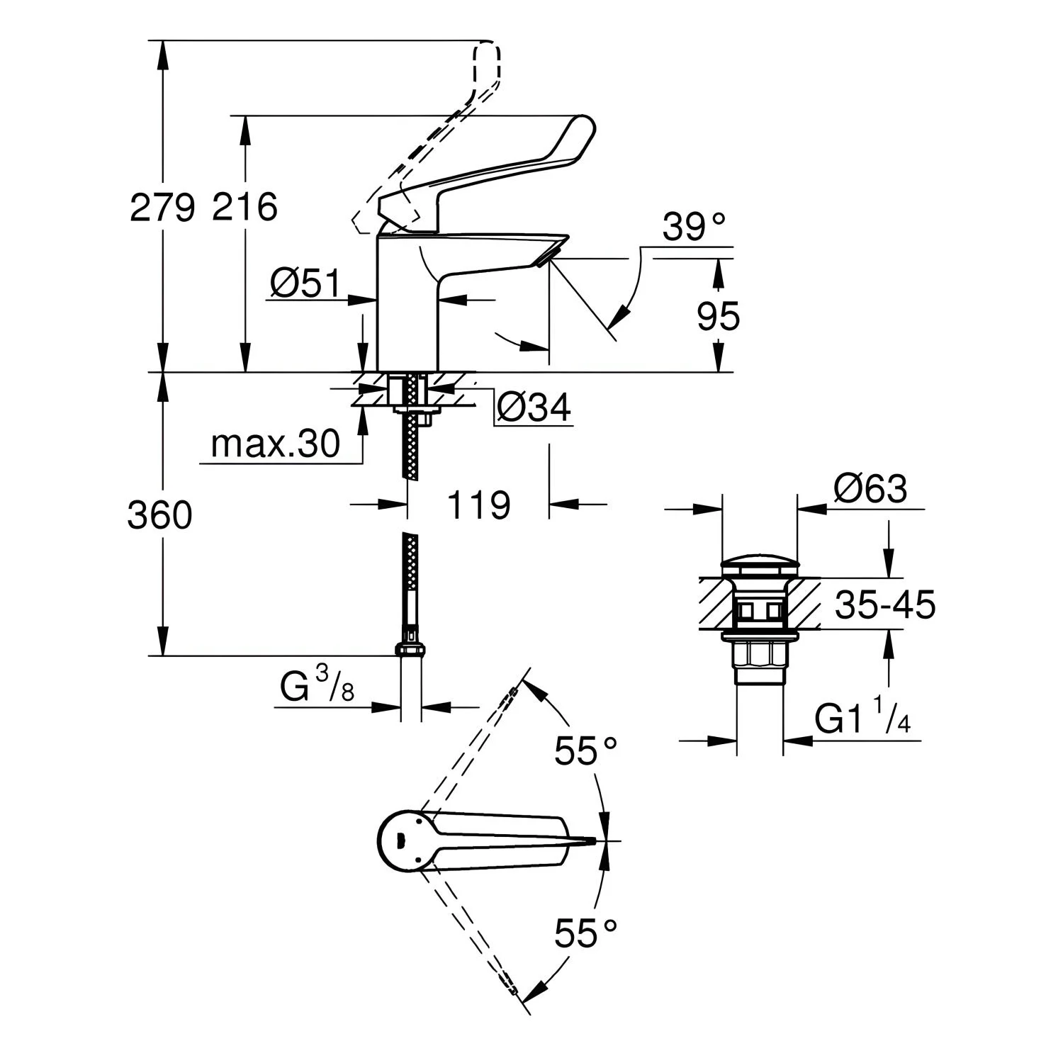 Rysunek techniczny baterii umywalkowej z wymiarami, Grohe